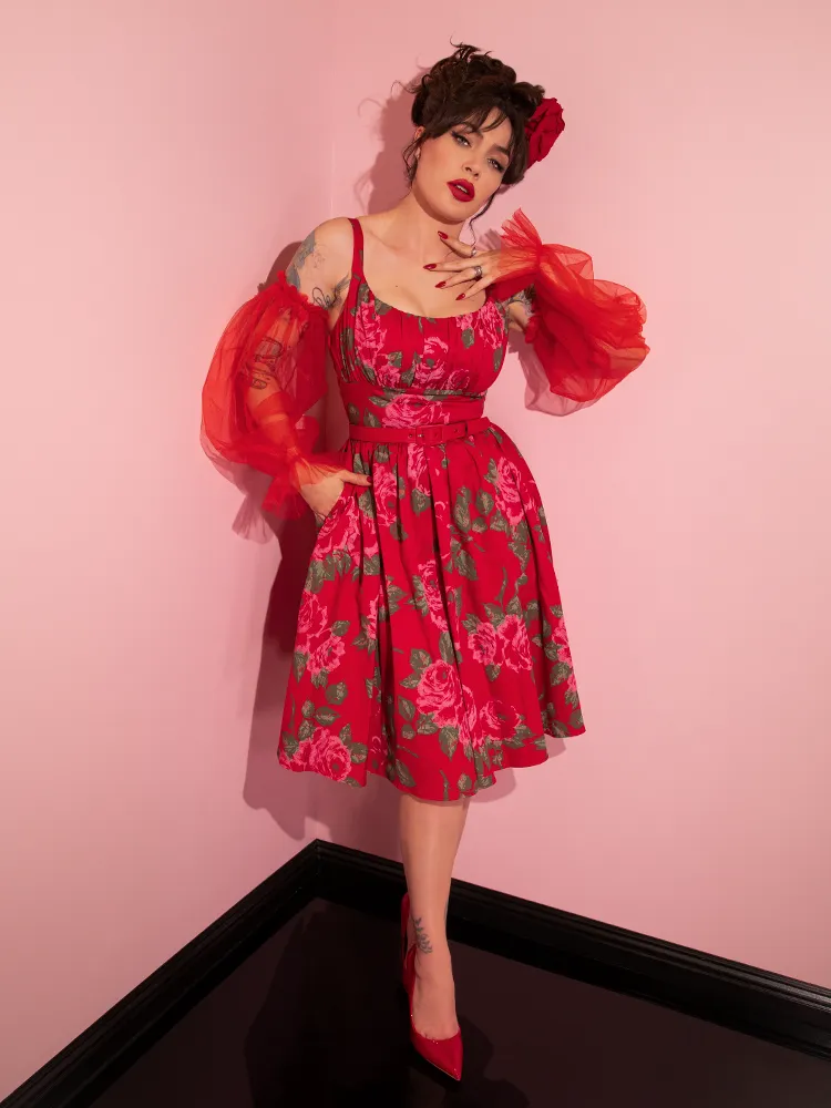 Ingenue Dress in Vintage Red Rose Print - Vixen by Micheline Pitt glass gloss