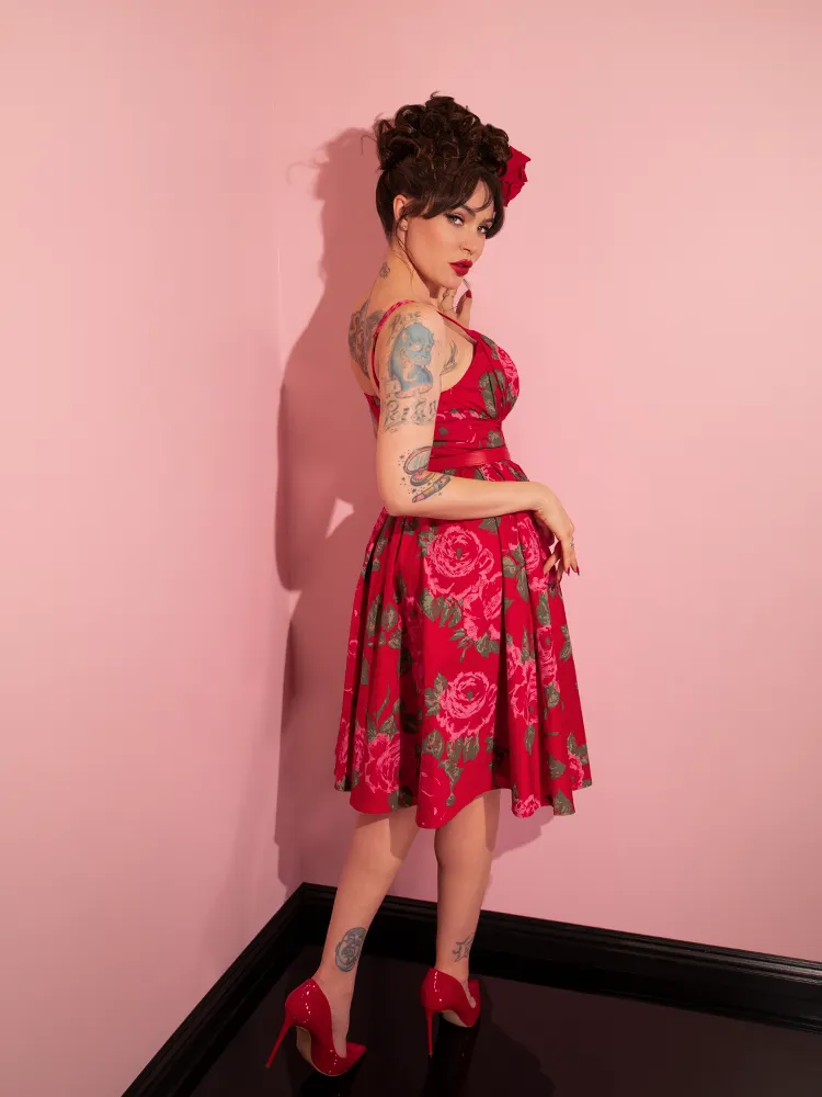 Ingenue Dress in Vintage Red Rose Print - Vixen by Micheline Pitt glass gloss