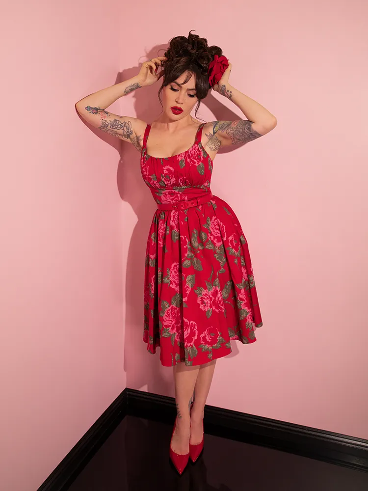 Ingenue Dress in Vintage Red Rose Print - Vixen by Micheline Pitt glass gloss