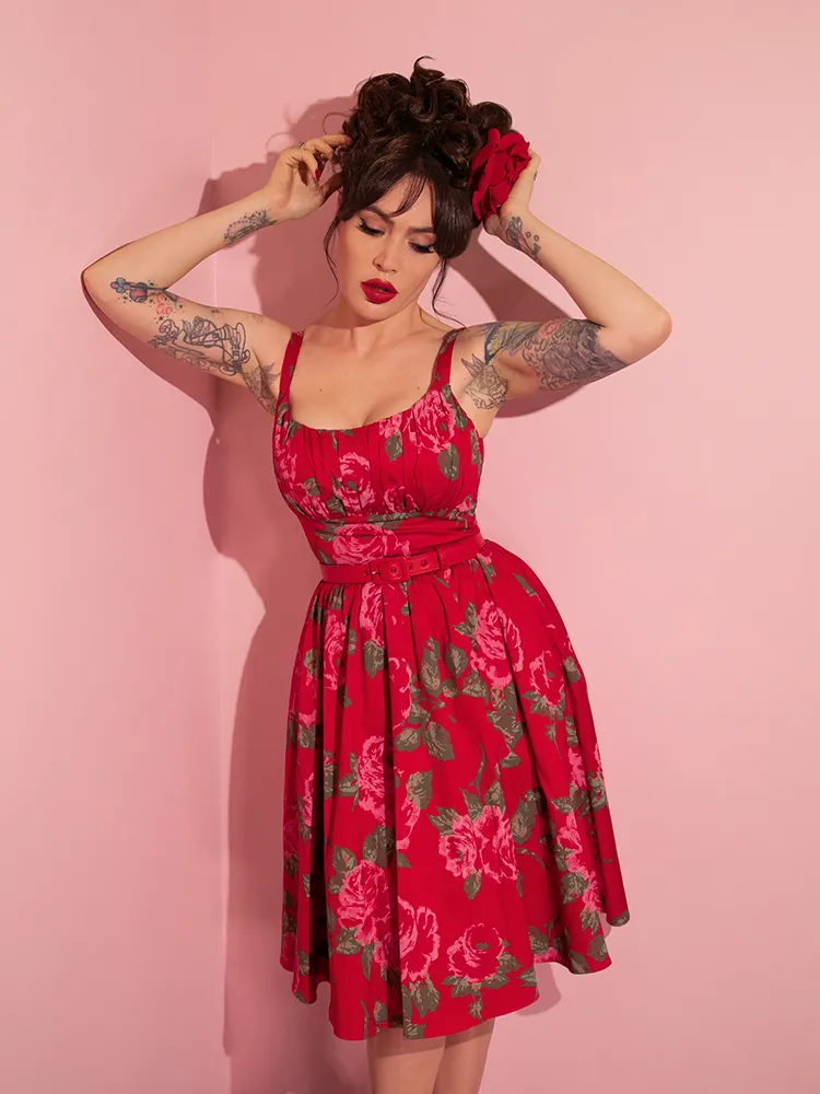 Ingenue Dress in Vintage Red Rose Print - Vixen by Micheline Pitt glass gloss
