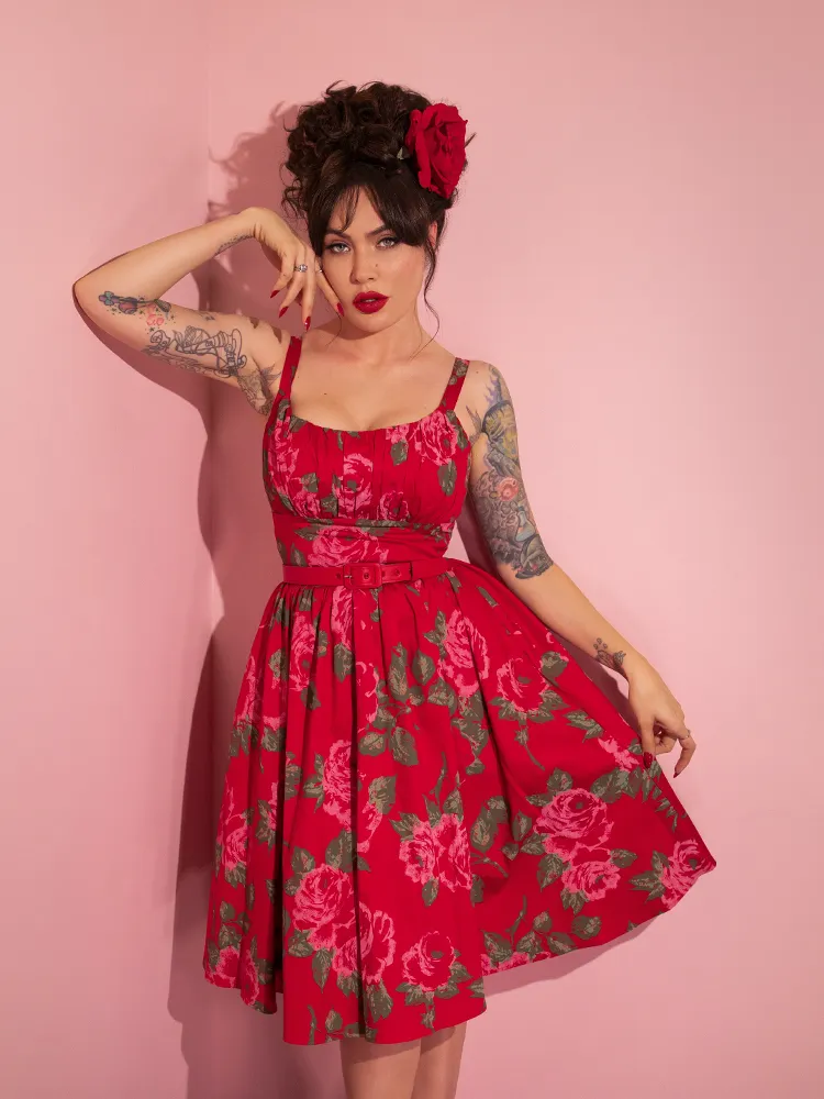 Ingenue Dress in Vintage Red Rose Print - Vixen by Micheline Pitt glass gloss