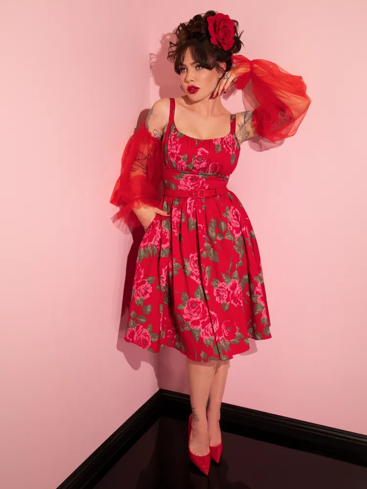 Ingenue Dress in Vintage Red Rose Print - Vixen by Micheline Pitt glass gloss