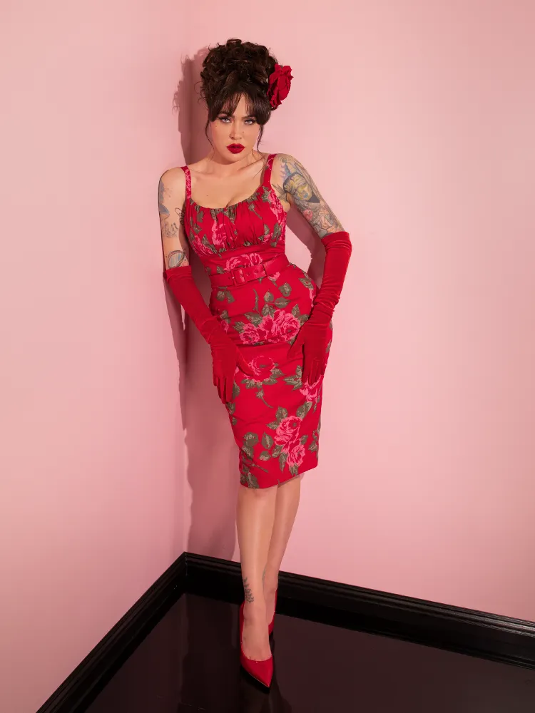 Ingenue Wiggle Dress in Vintage Red Rose Print - Vixen by Micheline Pitt calm walk