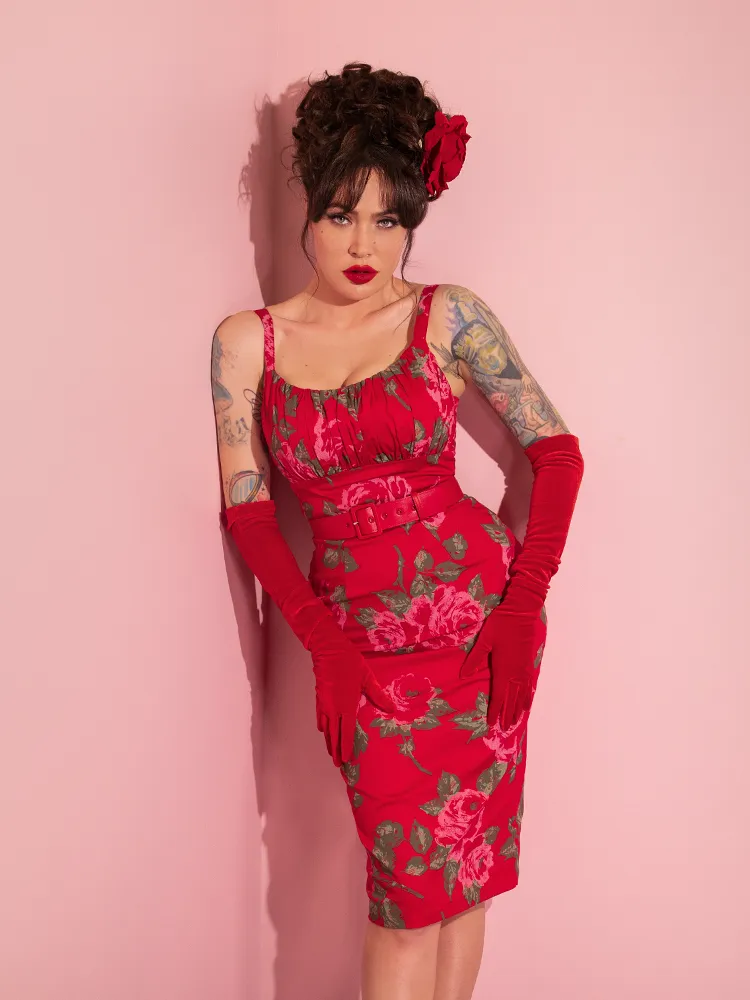 Ingenue Wiggle Dress in Vintage Red Rose Print - Vixen by Micheline Pitt calm walk
