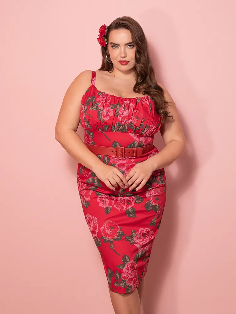 Ingenue Wiggle Dress in Vintage Red Rose Print - Vixen by Micheline Pitt calm walk