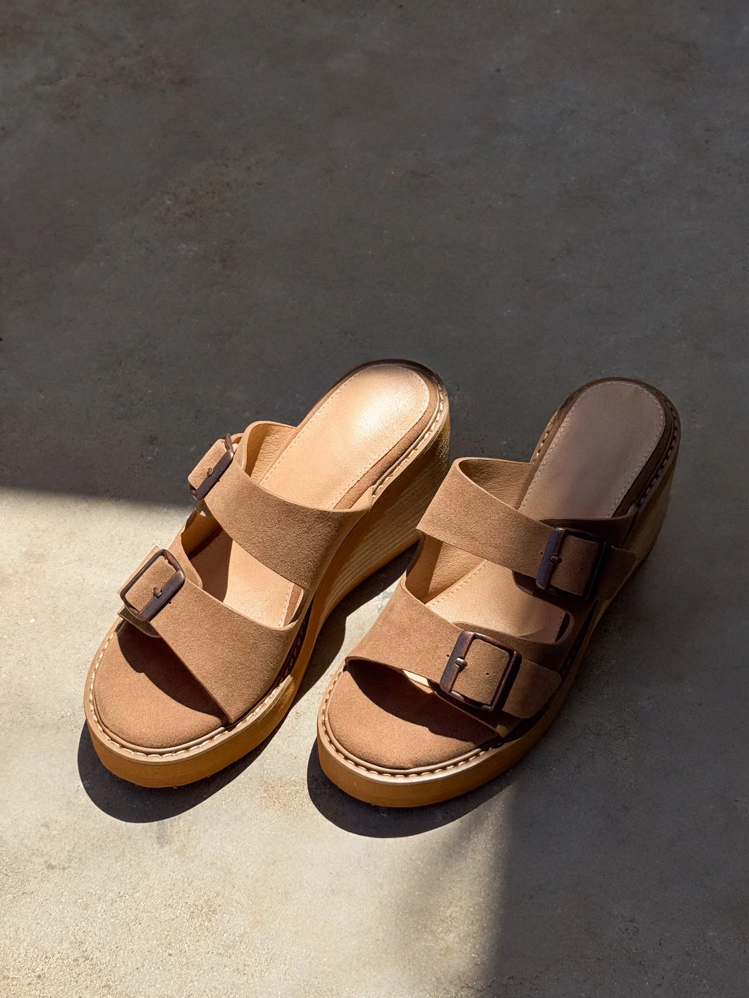 Janelle Suede Buckle Wedge Sandal arch support