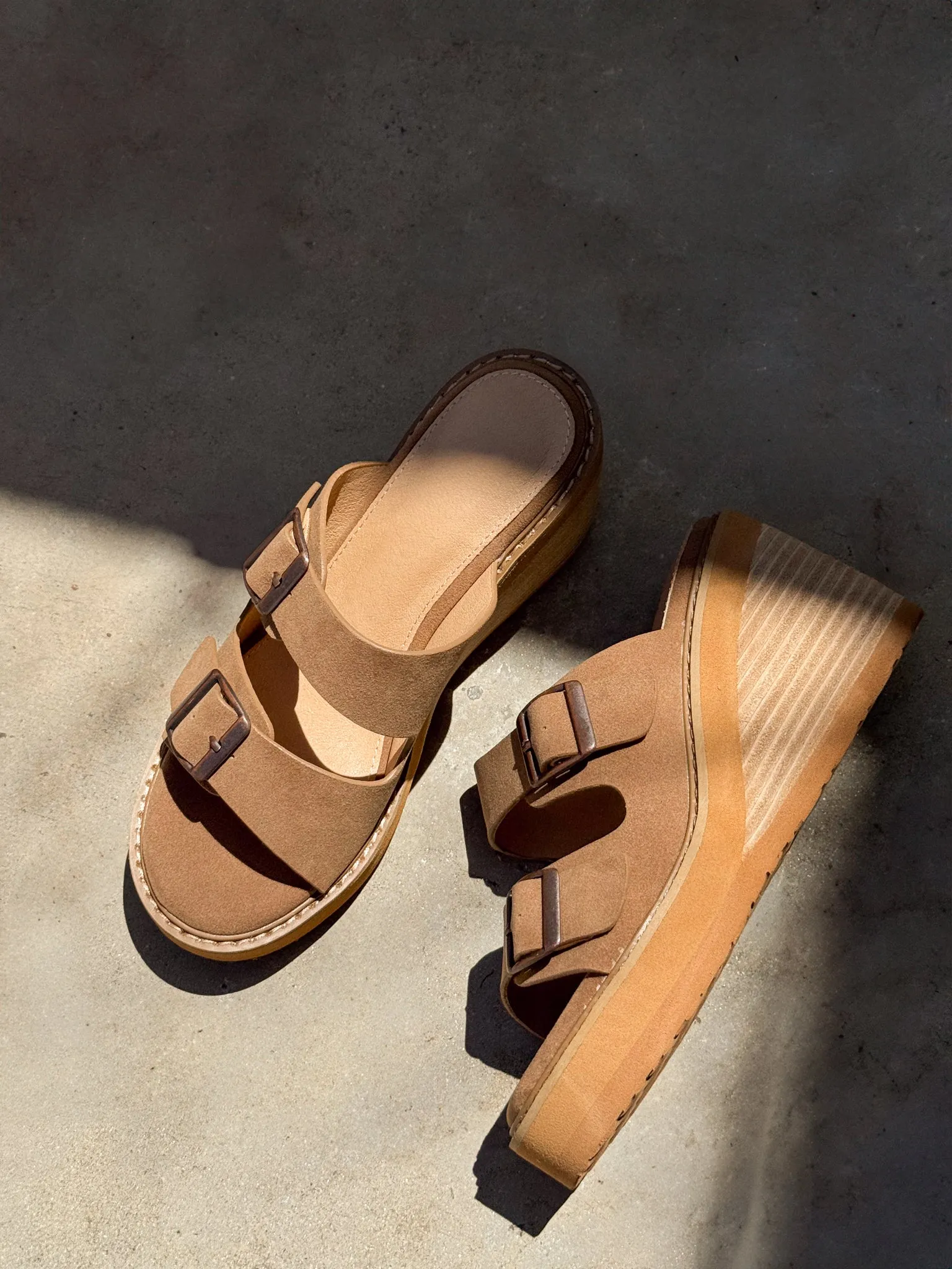 Janelle Suede Buckle Wedge Sandal arch support