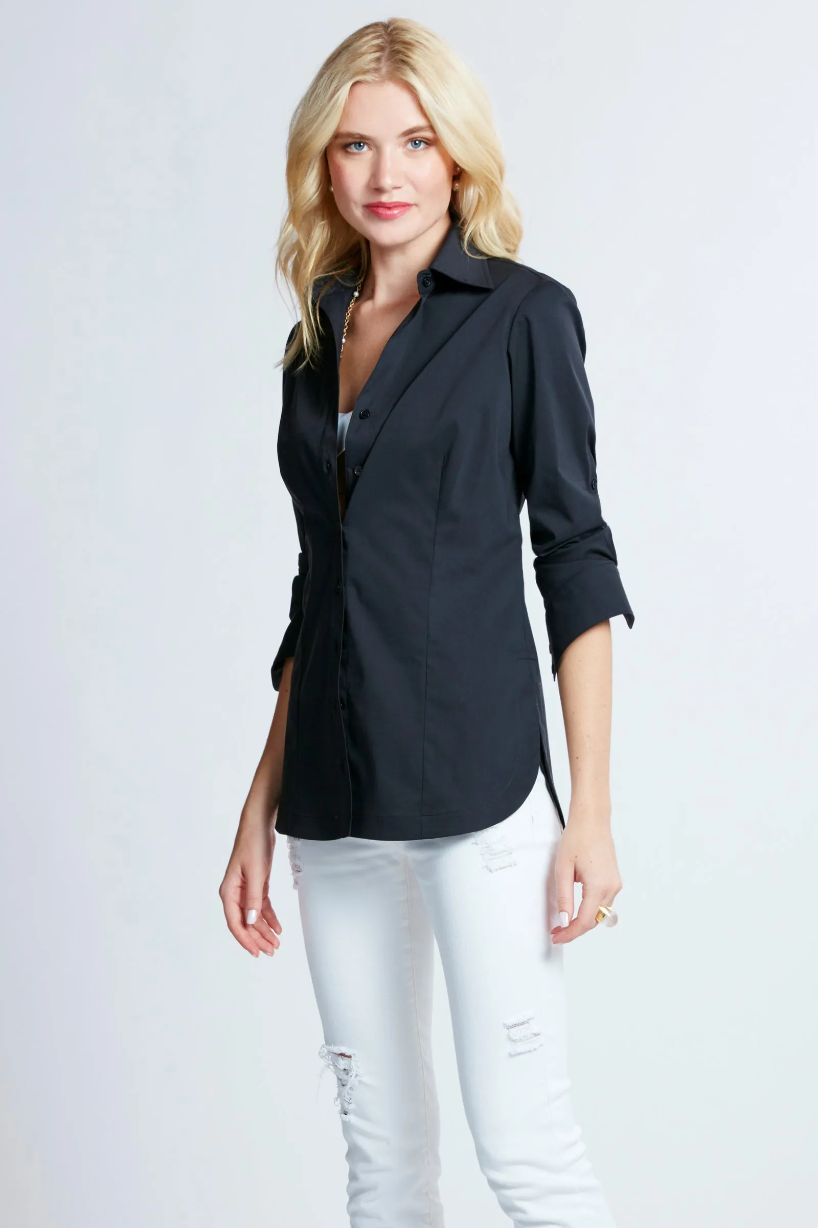 Joey Button Down Silky Black Poplin Blouse sheer hint