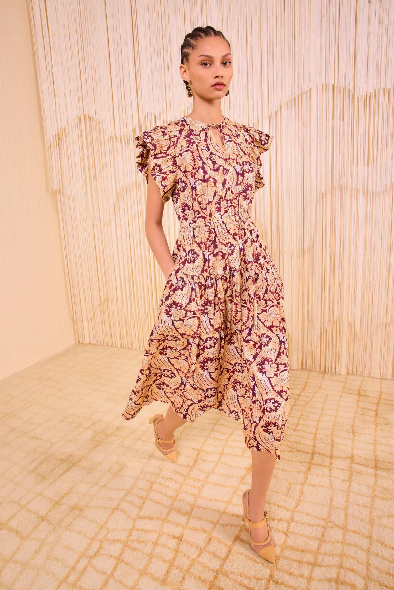 Kairi Flutter Sleeve Midi Dress - Amaranthus winter layering