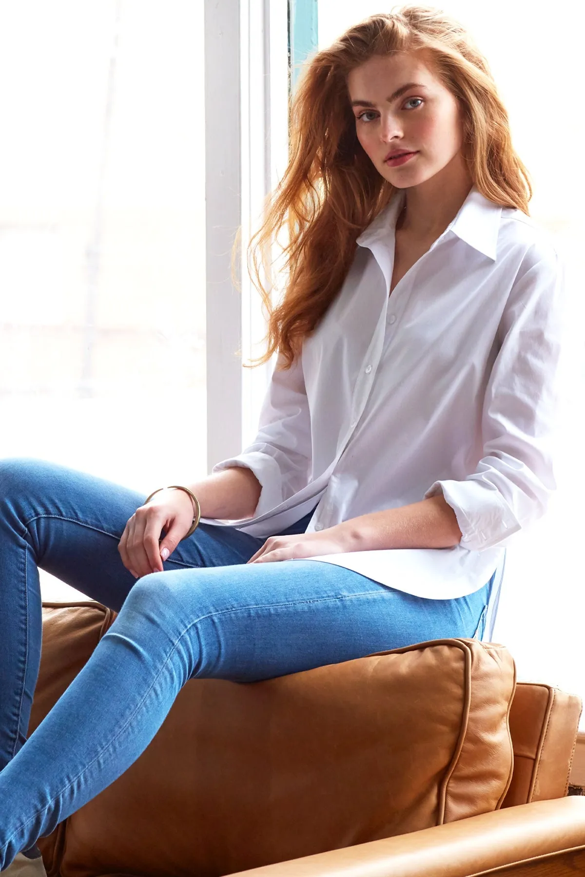 Keller High Shirttail White Poplin Shirt jean style