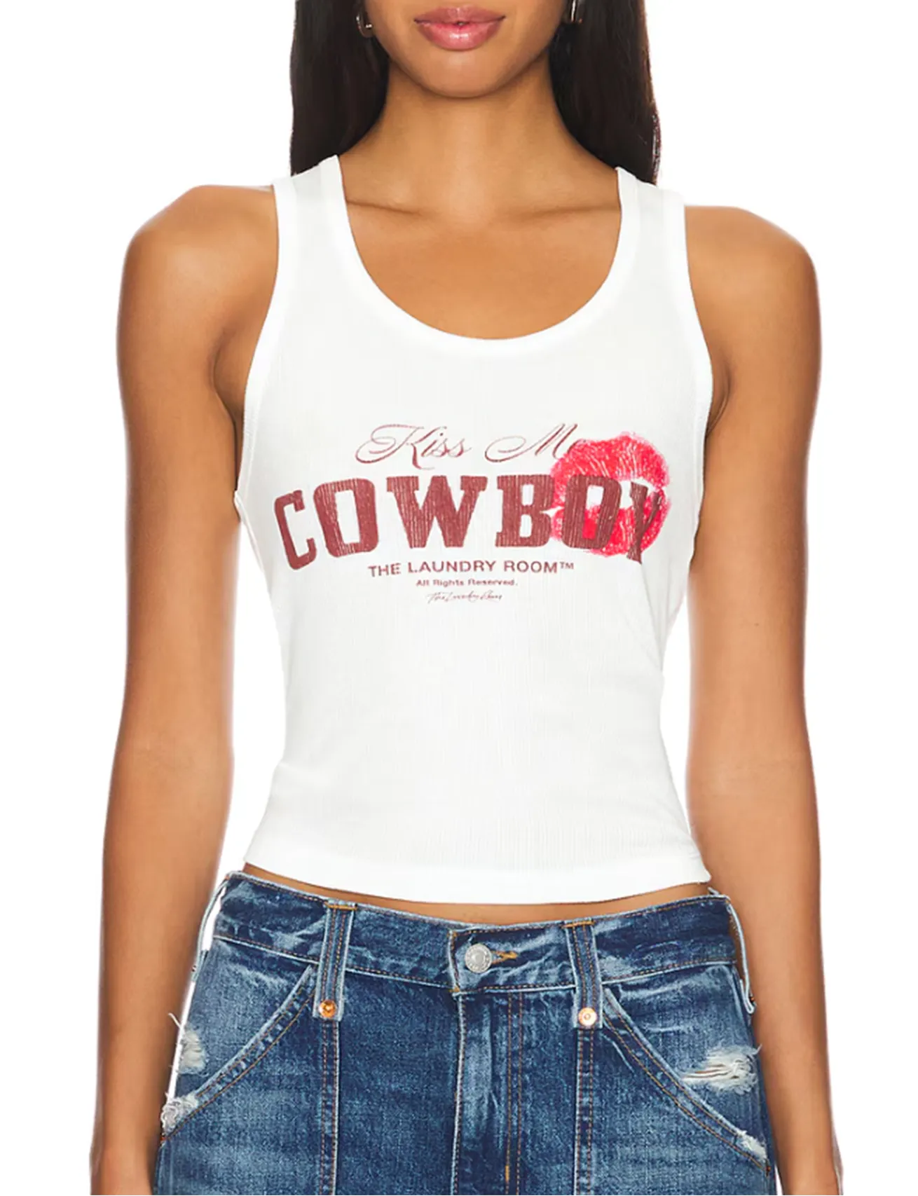 'Kiss Me Cowboy' Rib Tank, White weekend core