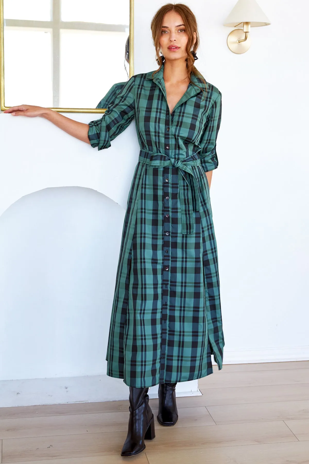 Laine Shirt Dress Emerald Green Christmas Plaid zip up