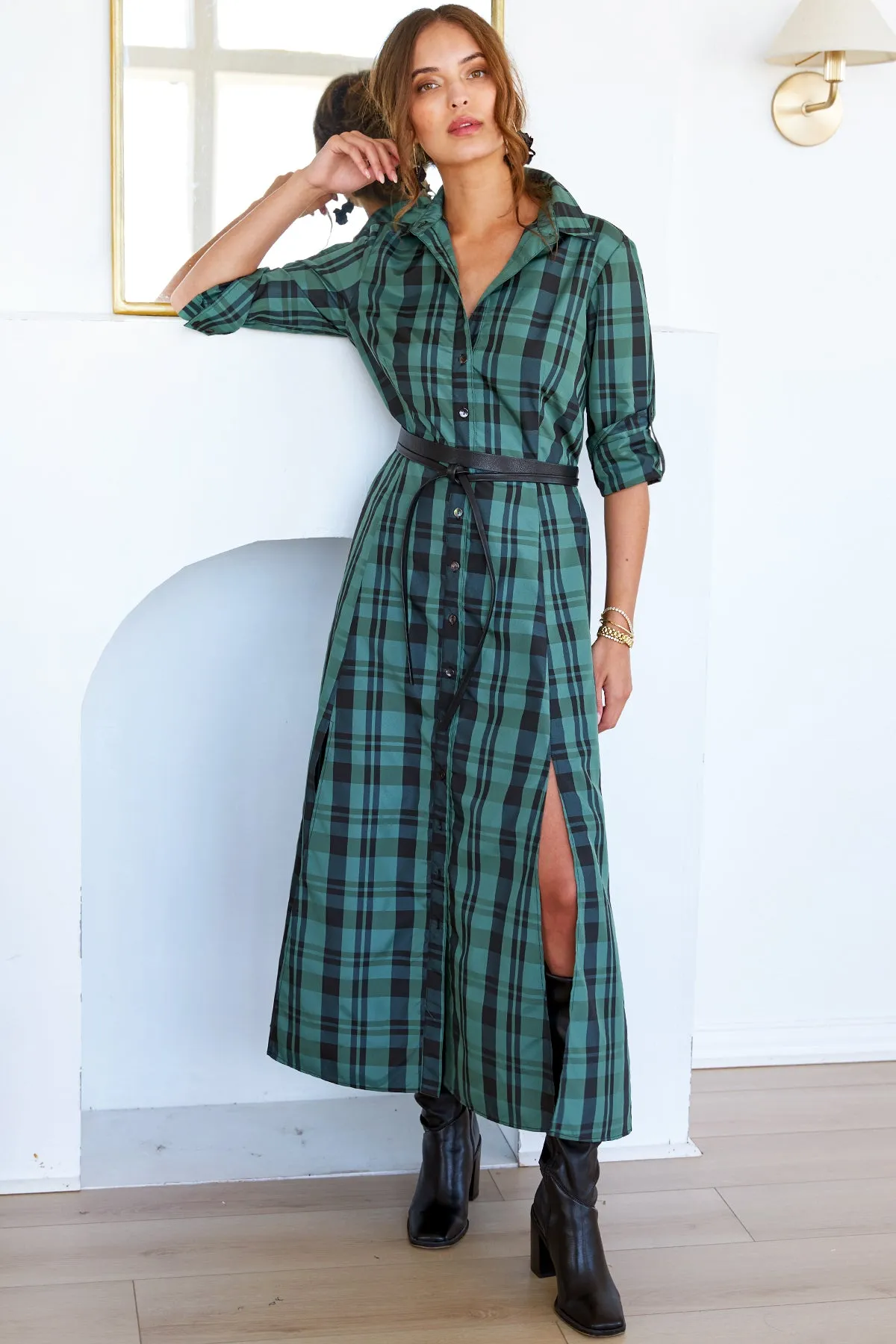 Laine Shirt Dress Emerald Green Christmas Plaid zip up