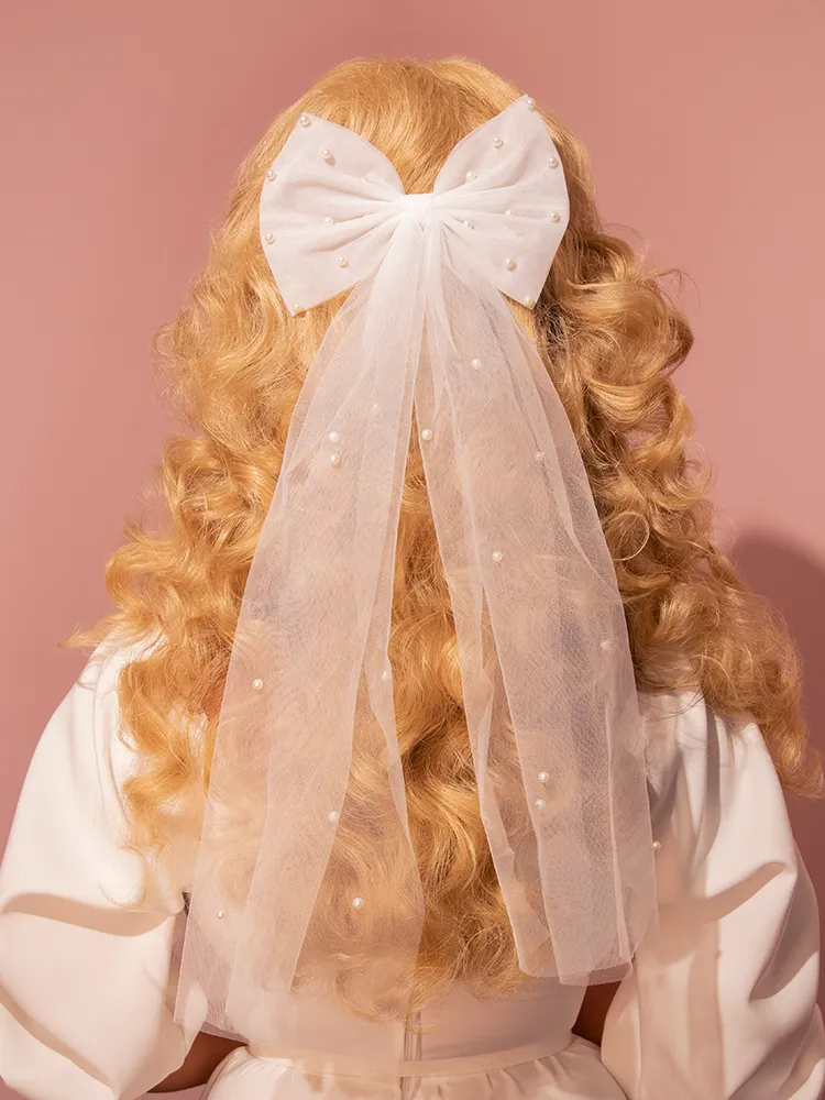 Large Mesh Bridal Hair Bow With Pearl Accents in Ivory golden glow