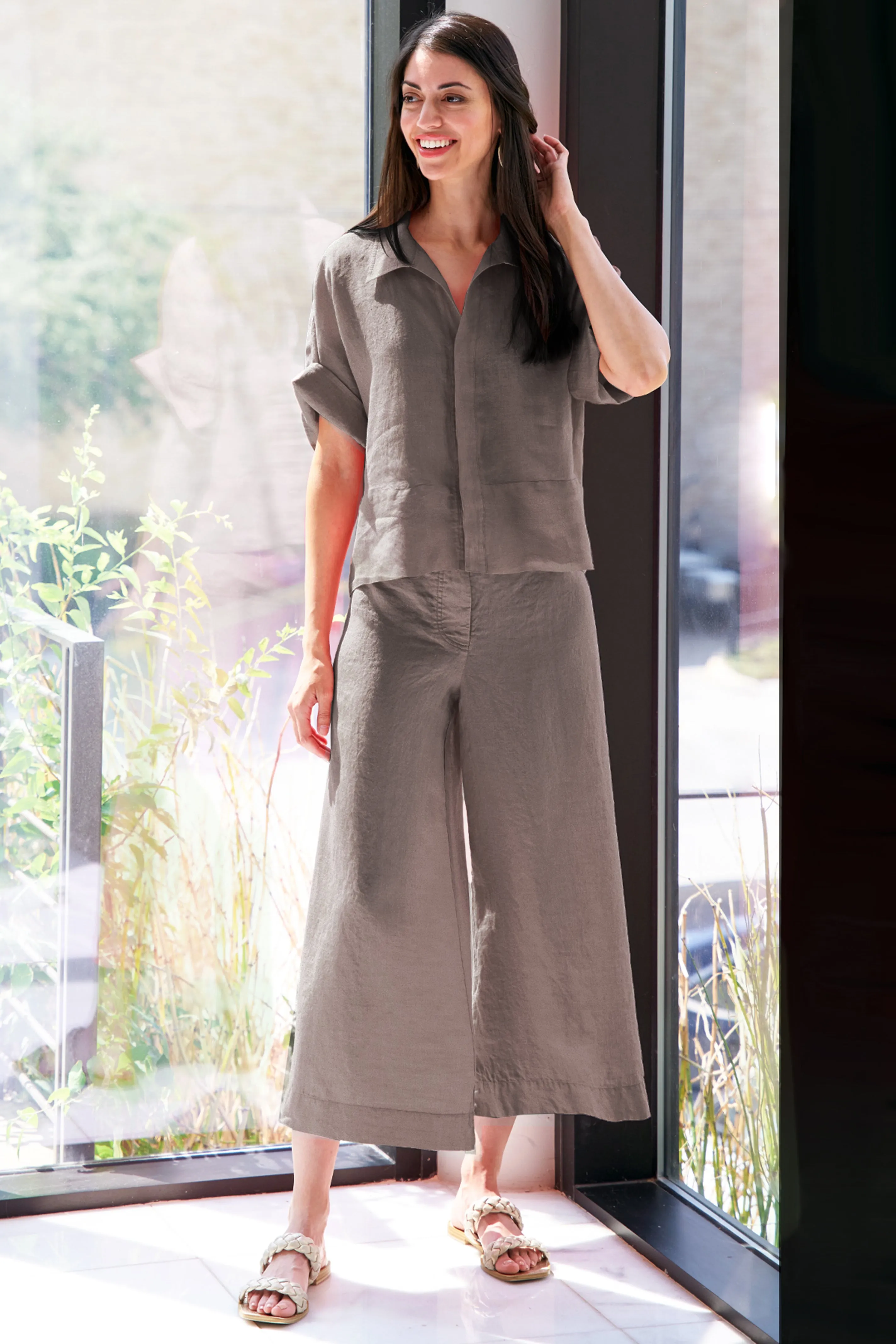 Linen Drawstring Pants, Mushroom winter tone