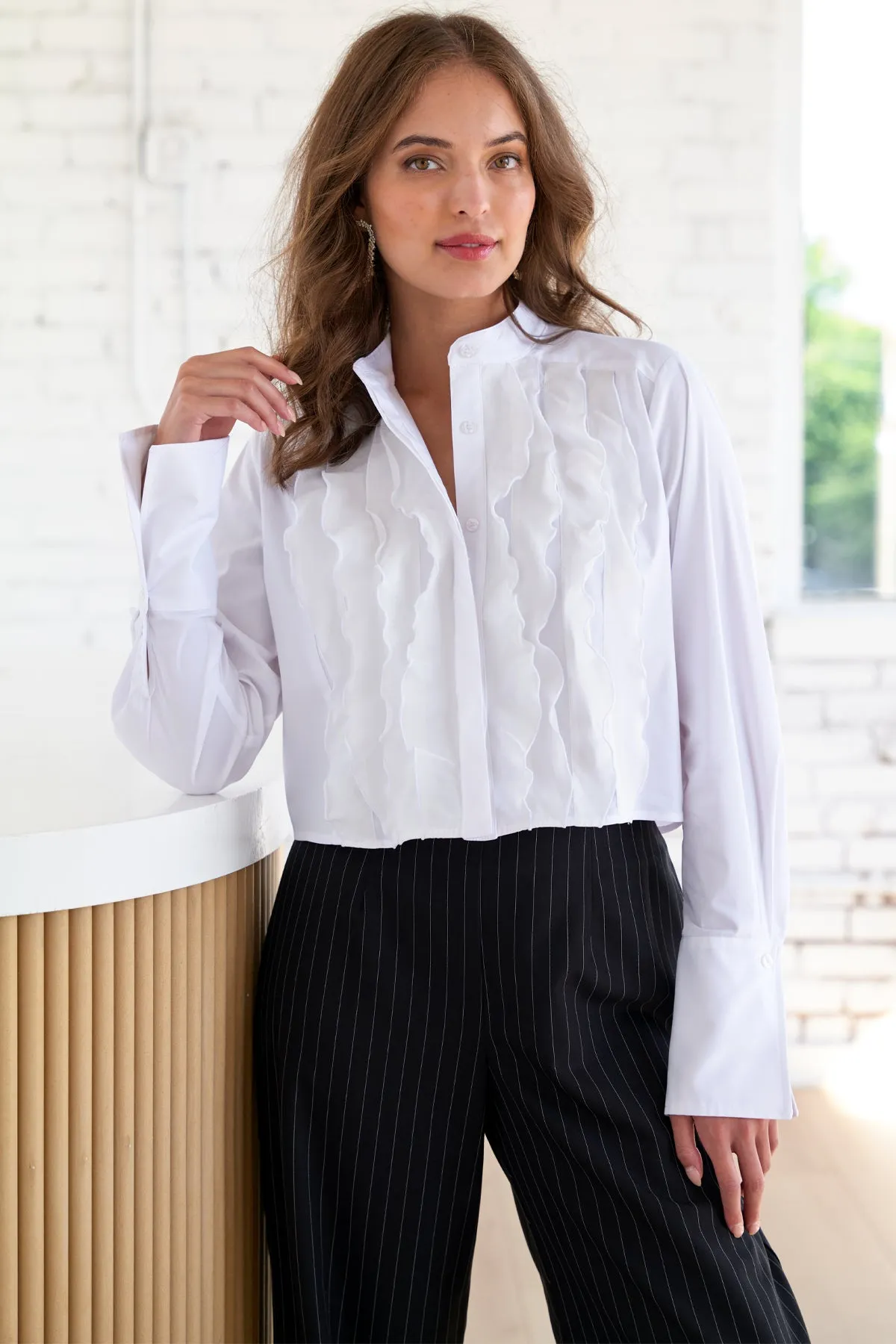 Long Sleeve Raffaele Ruffle Crop Shirt White Poplin and Silk Organza soft touch