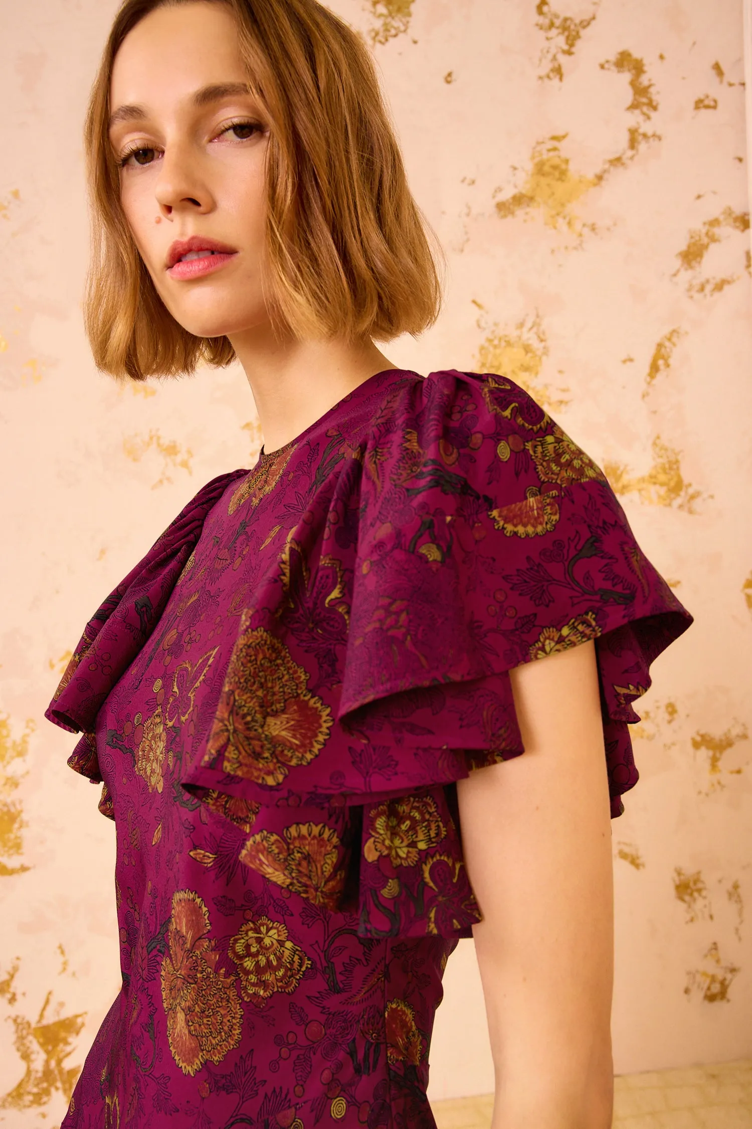 Mariam Silk Bias Cut Flutter Sleeve Dress - Peony clear blush