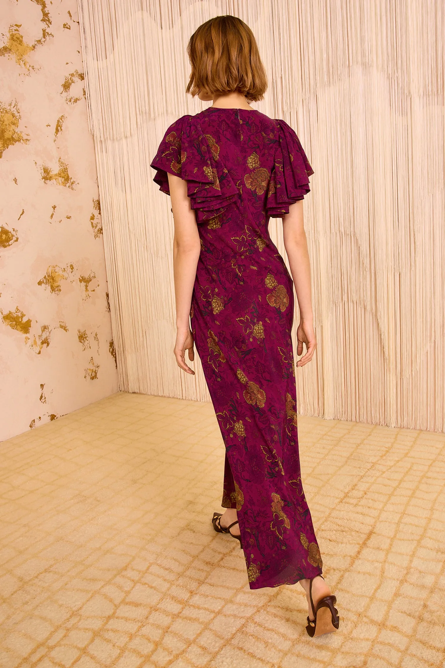 Mariam Silk Bias Cut Flutter Sleeve Dress - Peony clear blush