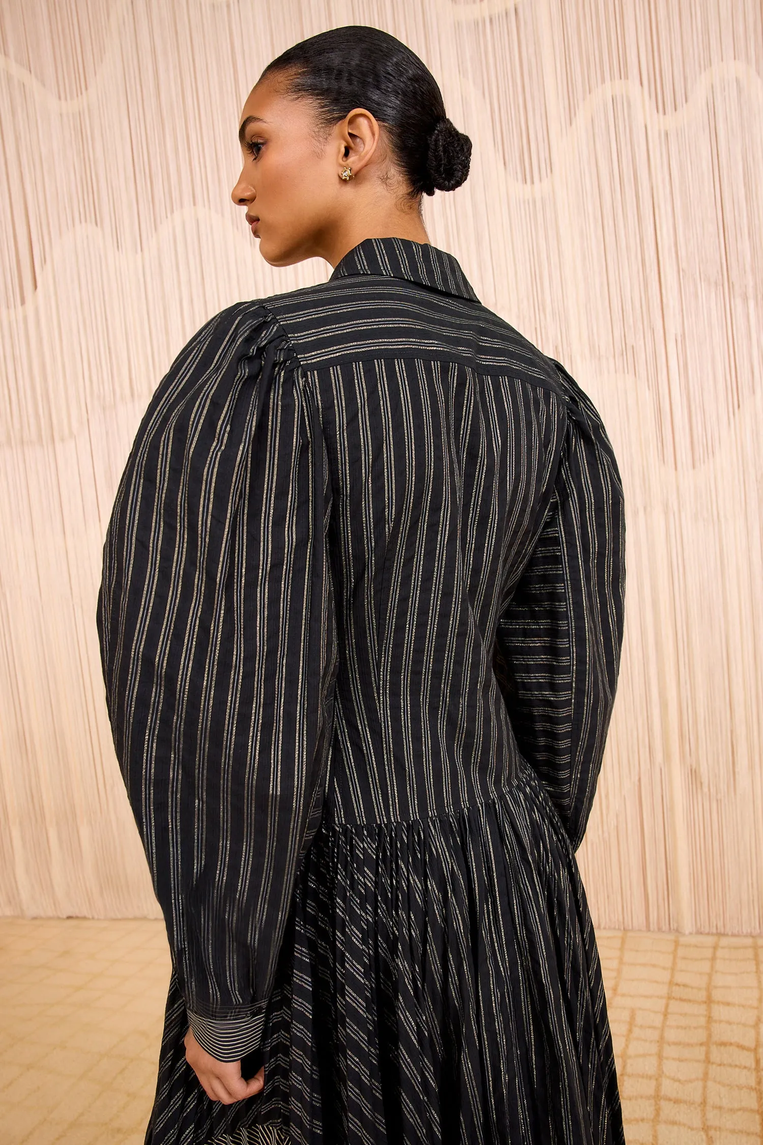 Mariela Long Sleeve Lurex Shirt Dress - Lapis Stripe shade glow