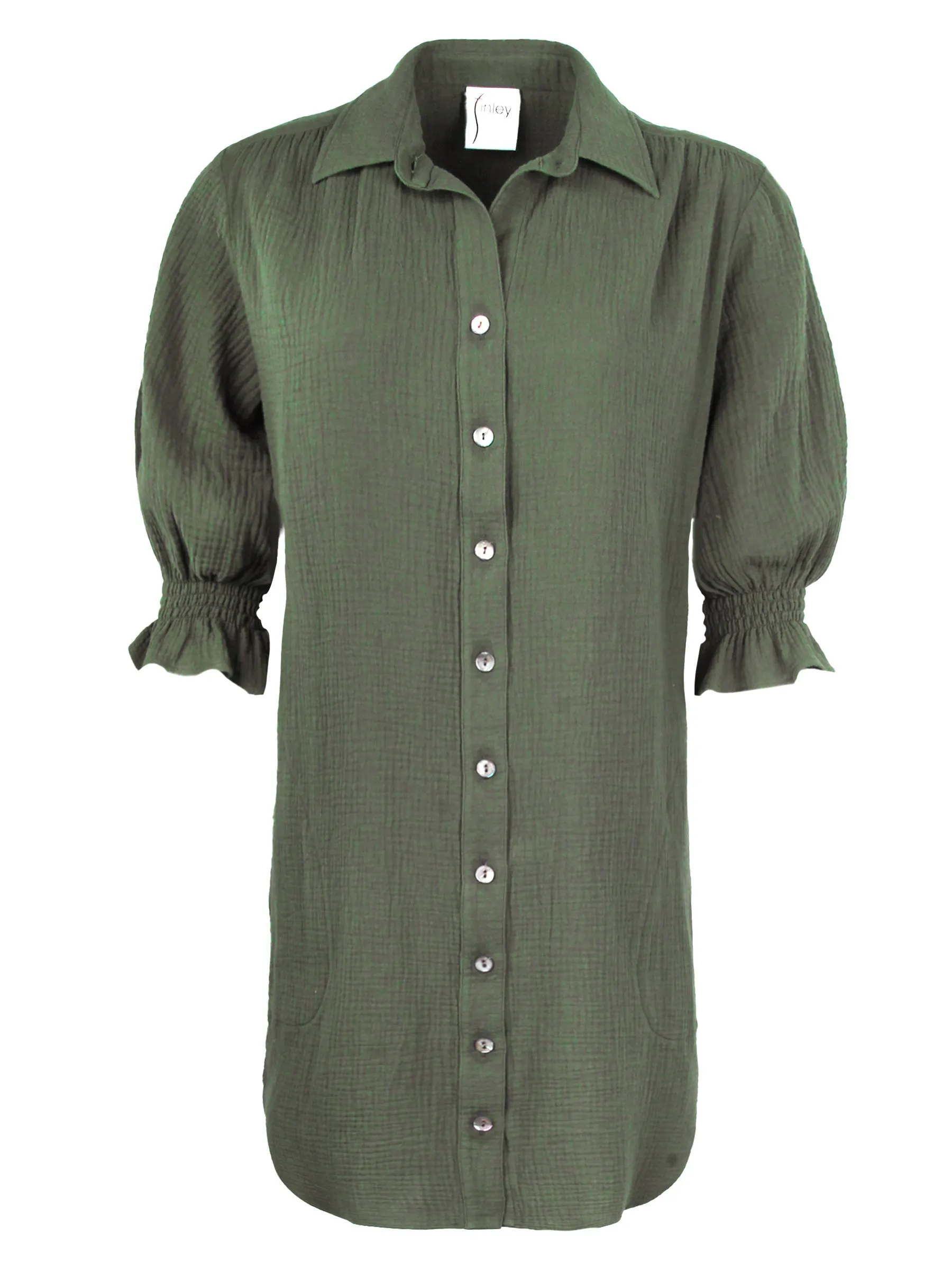 Miller Puff Sleeve Olive Double Gauze Shirt Dress train mood