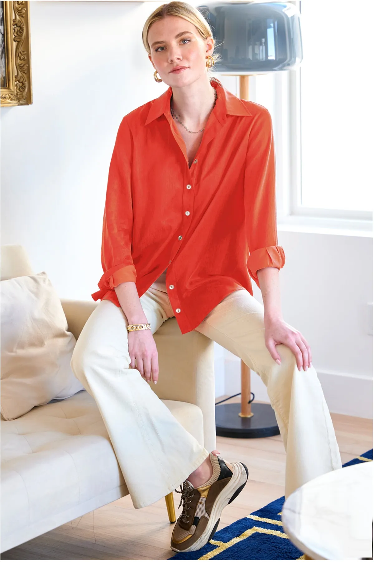 Mini Monica Flame Red Washed Cupro Button Down Blouse soft rib