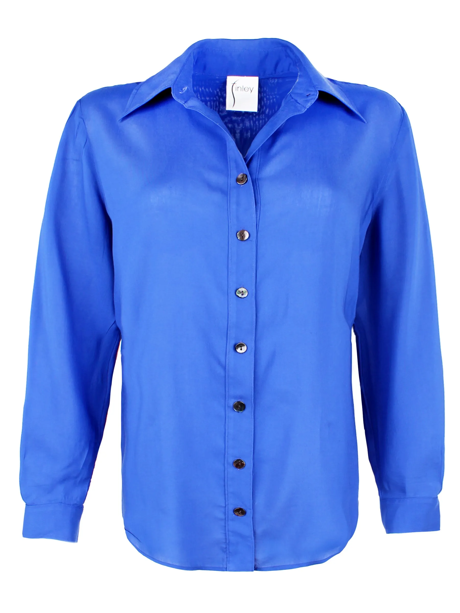 Mini Monica Royal Blue Viscose Voile Button Down Blouse v cut
