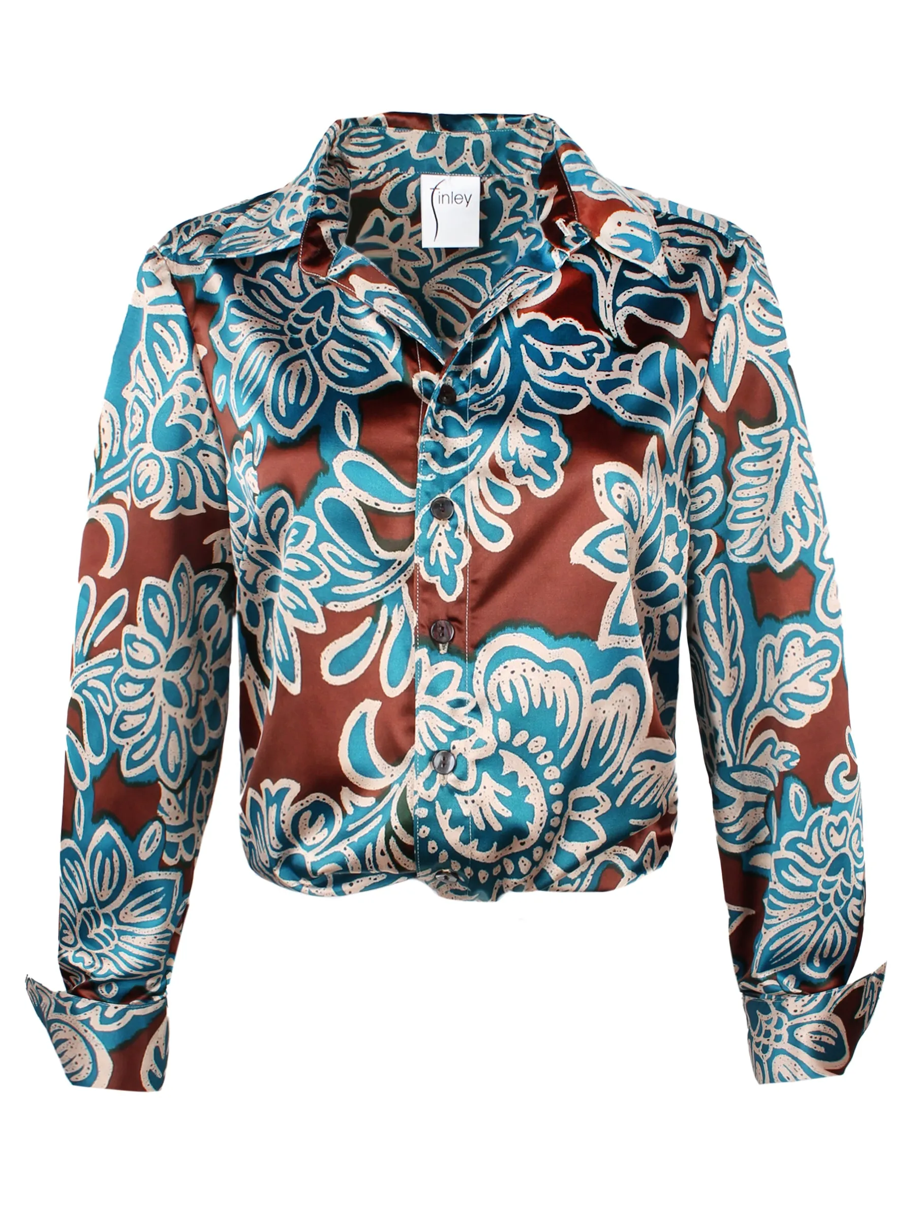 Moxie Floral Satin Popover Shirt, Turquoise & Brown rib soft