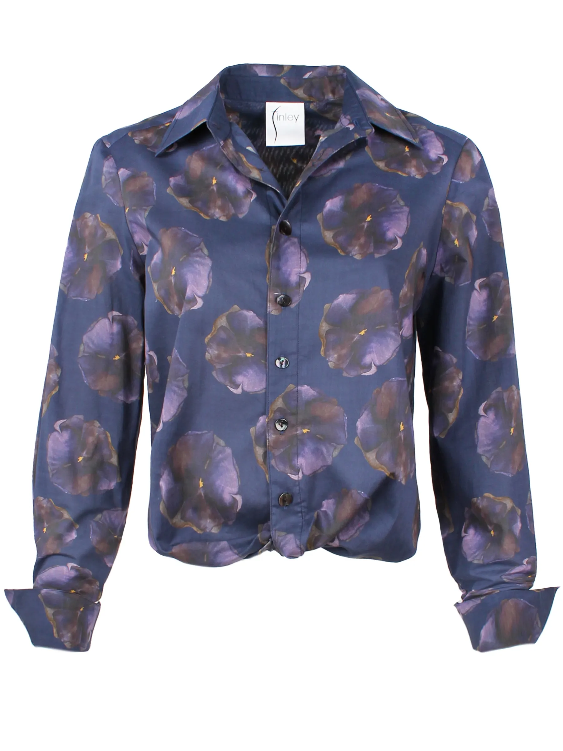 Moxie Shirt Purple Watercolor Pansy Print hood up