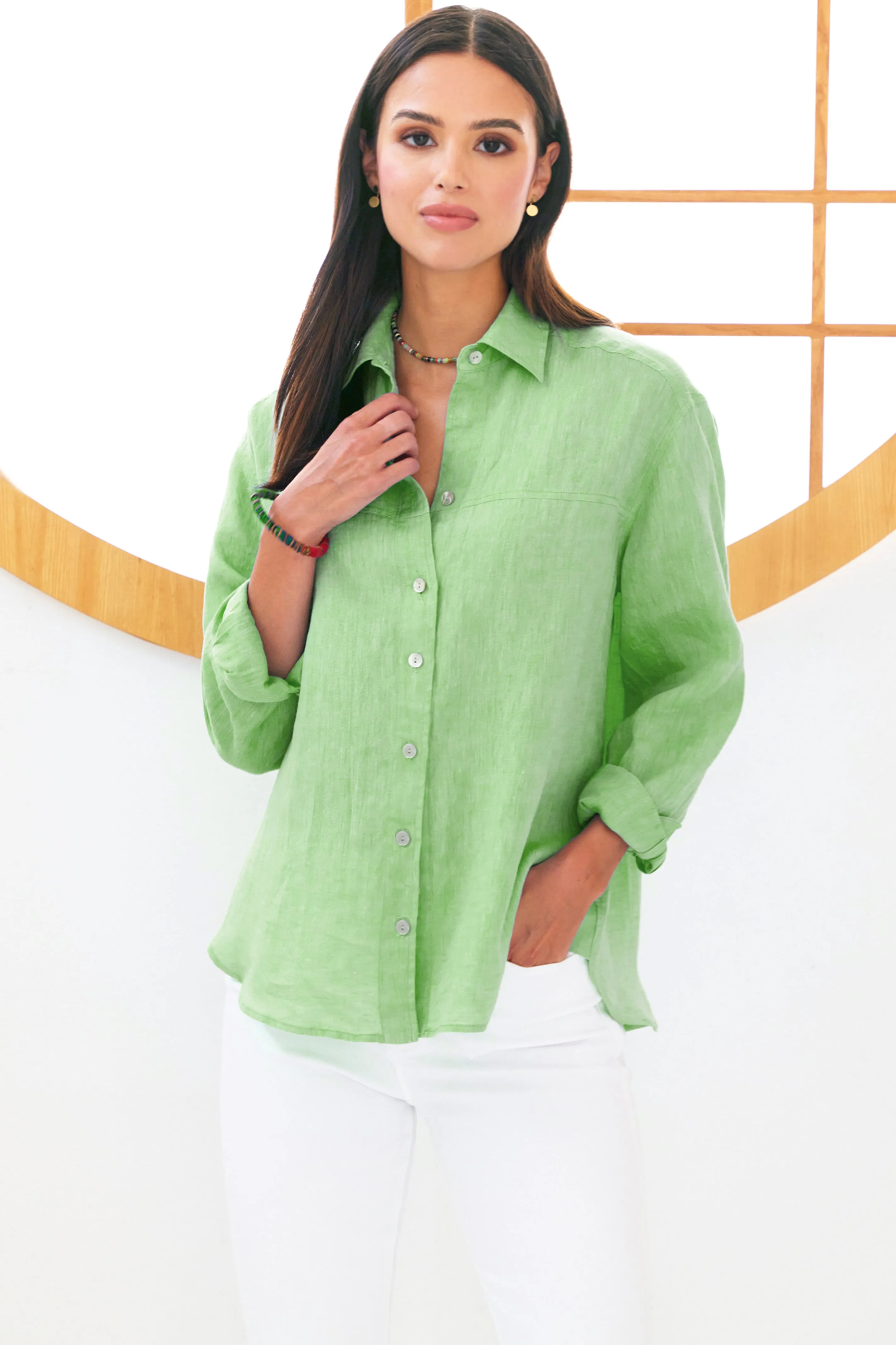 Niko Boyfriend Shirt Washed Green Tea Linen jean layer