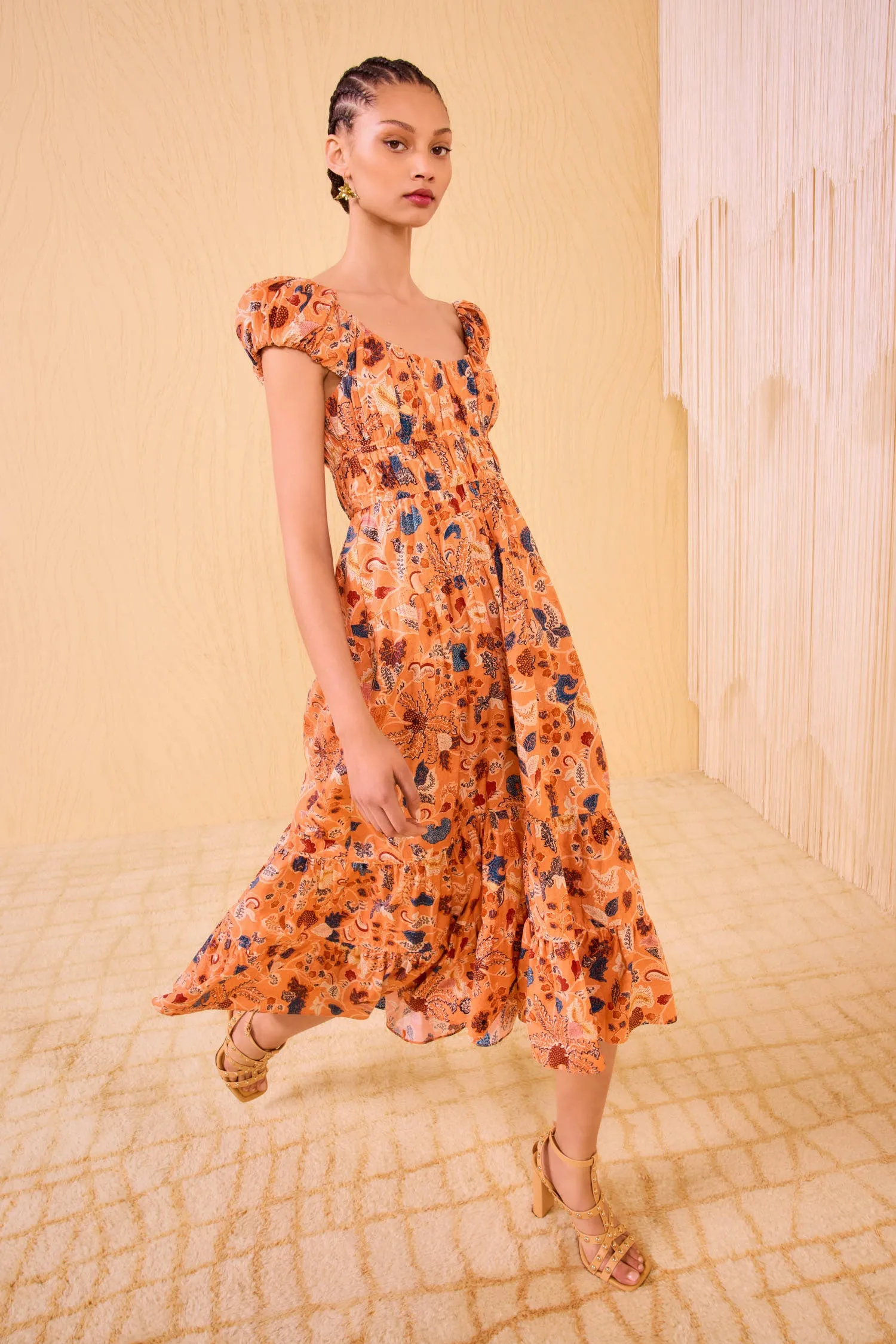 Paloma Cap Sleeve Midi Dress - Coral Peony rooftop party