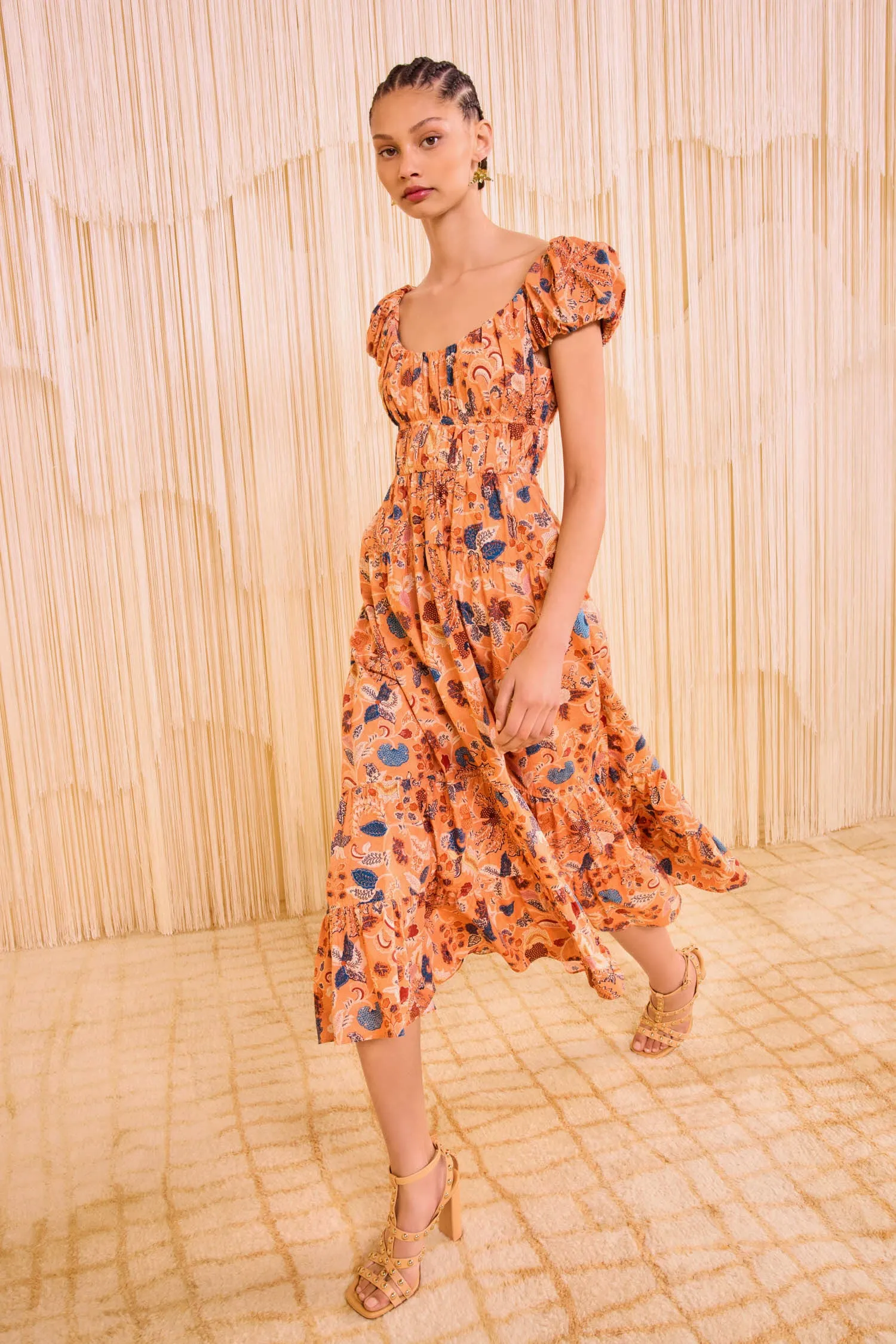 Paloma Cap Sleeve Midi Dress - Coral Peony rooftop party