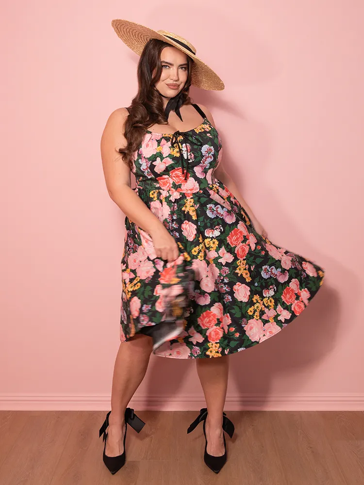 PRE-ORDER - Cottage Corset Dress in Vintage Garden Floral Print in Black - Vixen by Micheline Pitt street code