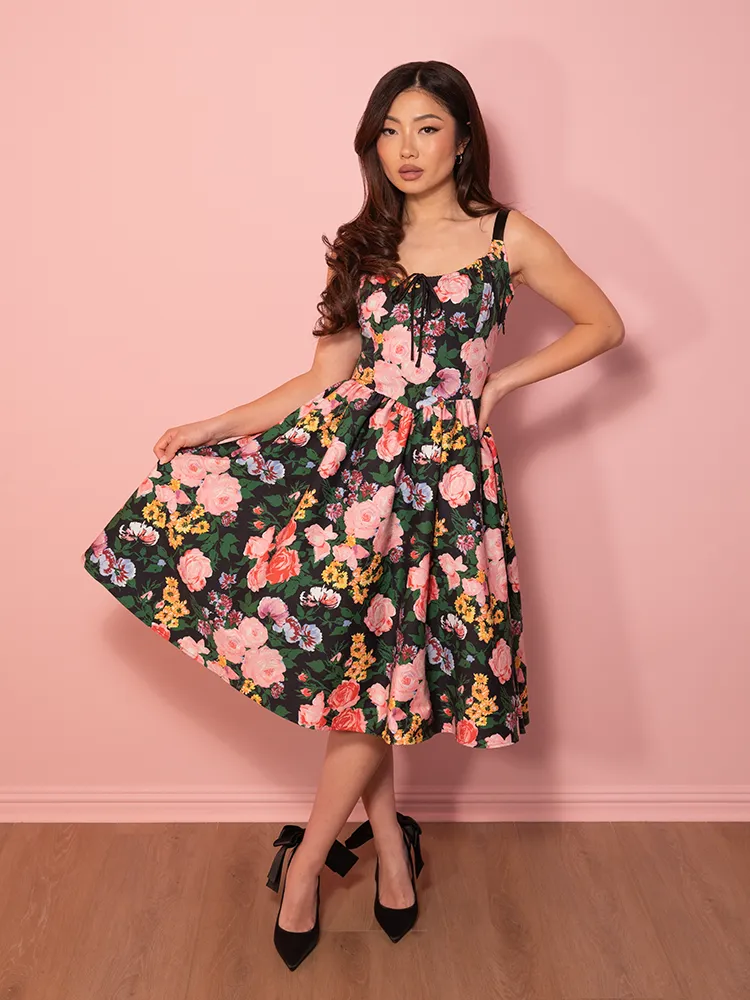 PRE-ORDER - Cottage Corset Dress in Vintage Garden Floral Print in Black - Vixen by Micheline Pitt street code