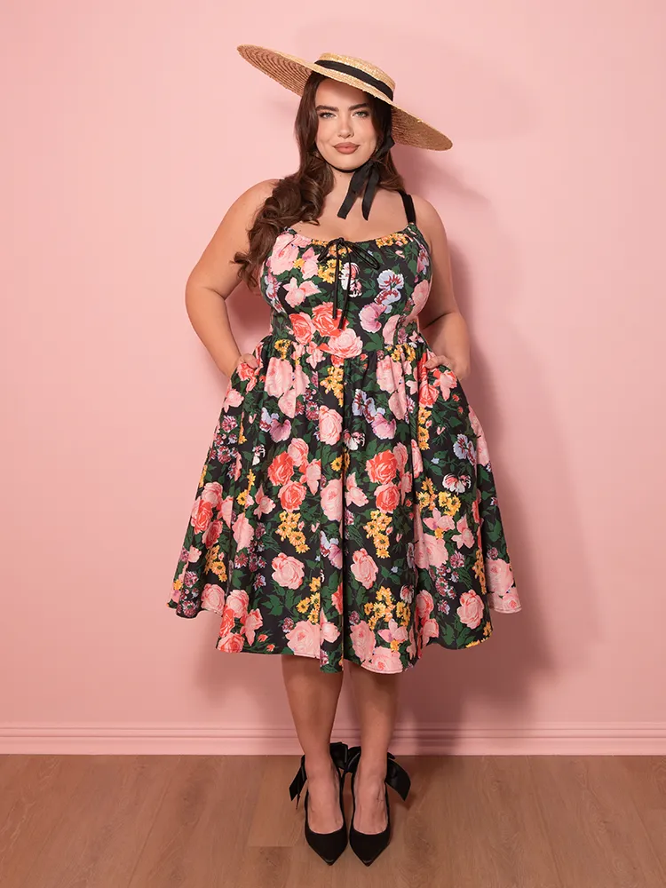 PRE-ORDER - Cottage Corset Dress in Vintage Garden Floral Print in Black - Vixen by Micheline Pitt street code
