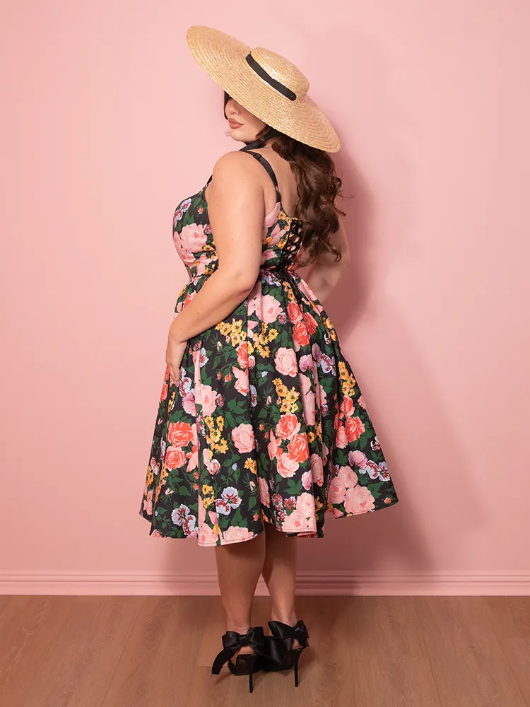 PRE-ORDER - Cottage Corset Dress in Vintage Garden Floral Print in Black - Vixen by Micheline Pitt street code