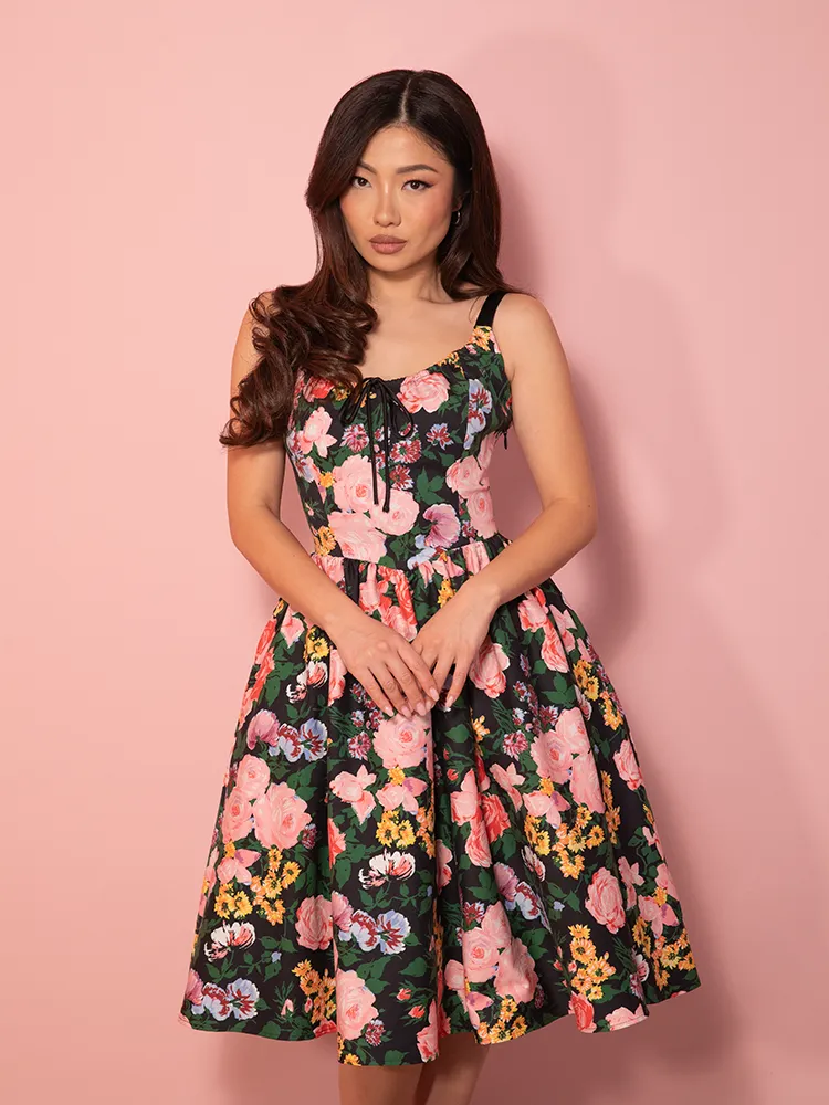 PRE-ORDER - Cottage Corset Dress in Vintage Garden Floral Print in Black - Vixen by Micheline Pitt street code