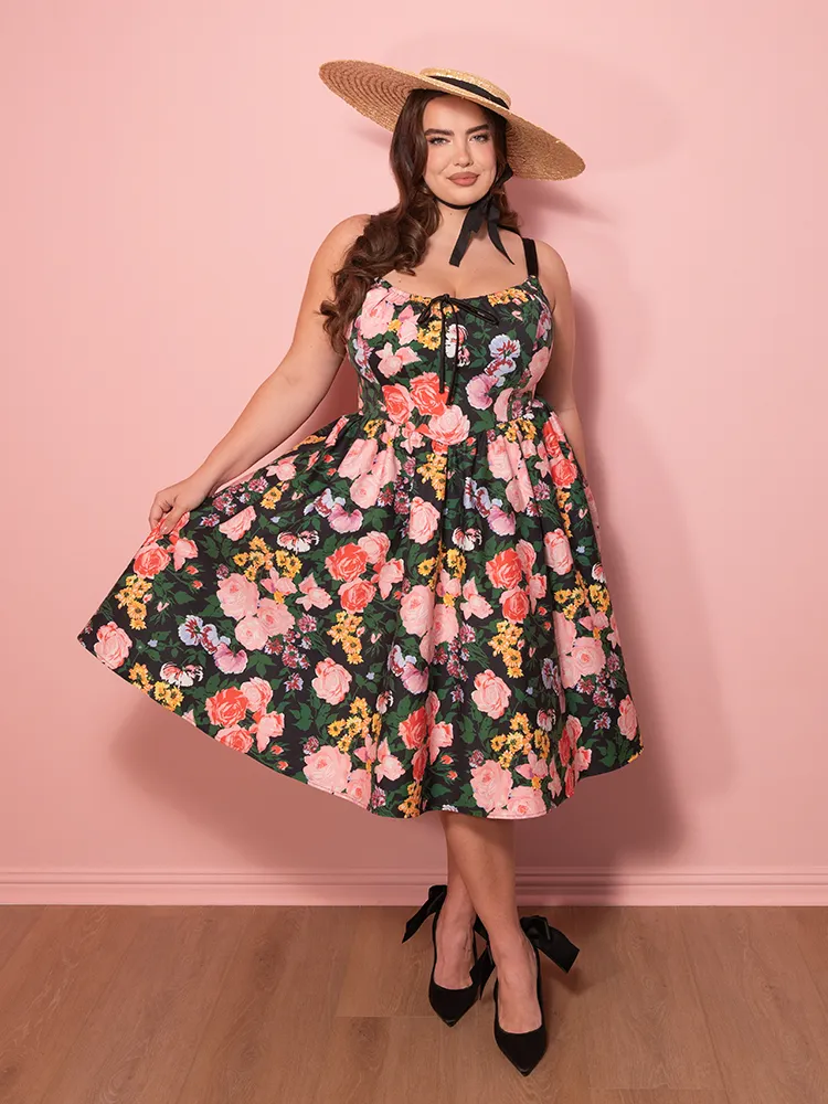 PRE-ORDER - Cottage Corset Dress in Vintage Garden Floral Print in Black - Vixen by Micheline Pitt street code