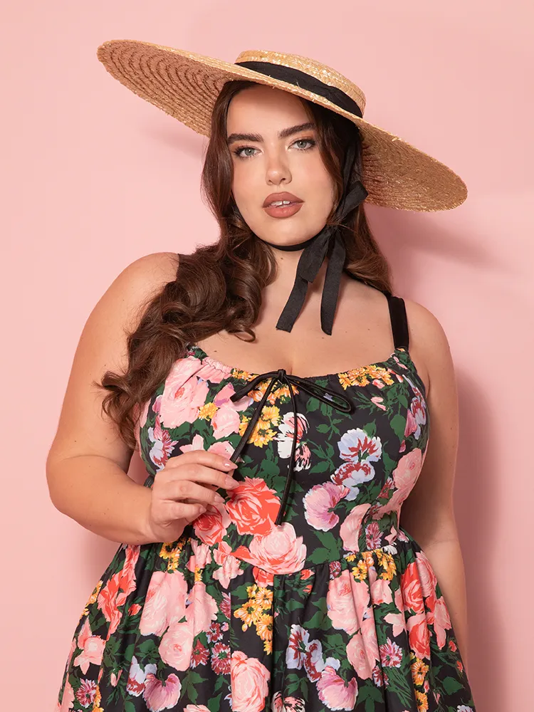 PRE-ORDER - Cottage Corset Dress in Vintage Garden Floral Print in Black - Vixen by Micheline Pitt street code