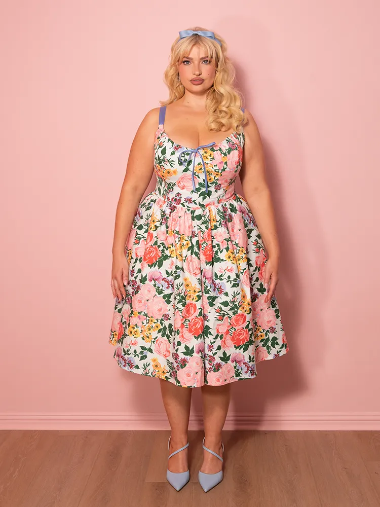 PRE-ORDER - Cottage Corset Dress in Vintage Garden Floral Print in White - Vixen by Micheline Pitt core air