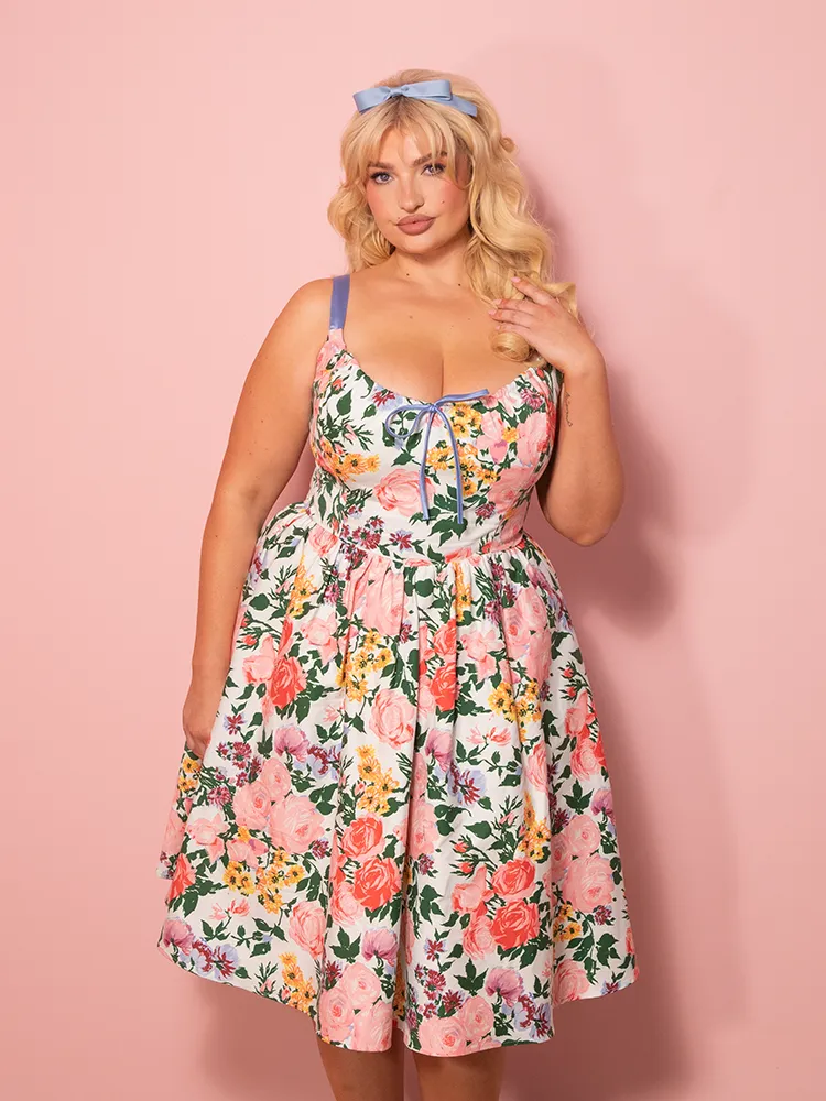 PRE-ORDER - Cottage Corset Dress in Vintage Garden Floral Print in White - Vixen by Micheline Pitt core air