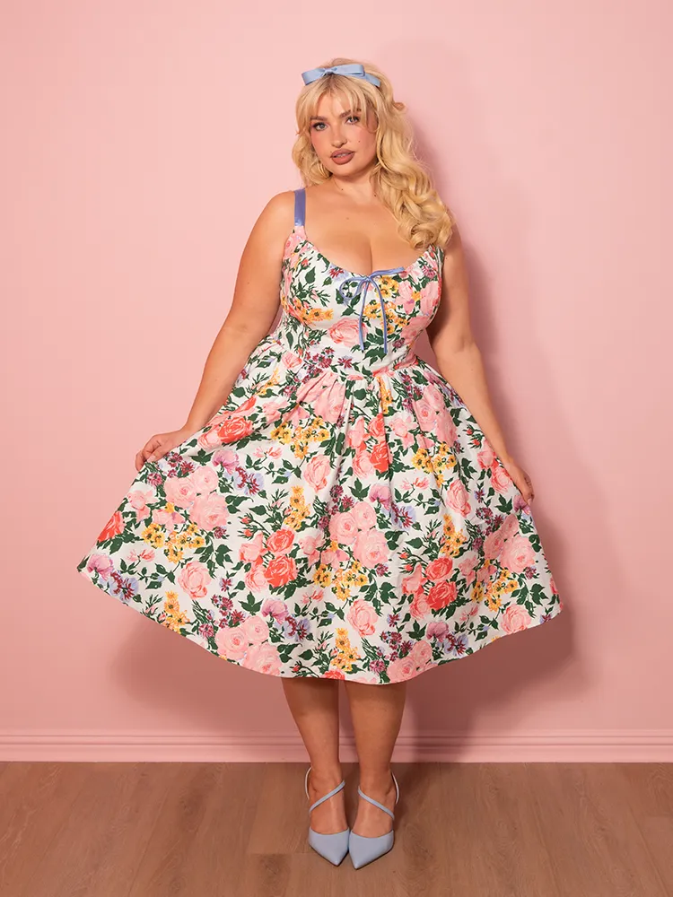 PRE-ORDER - Cottage Corset Dress in Vintage Garden Floral Print in White - Vixen by Micheline Pitt core air
