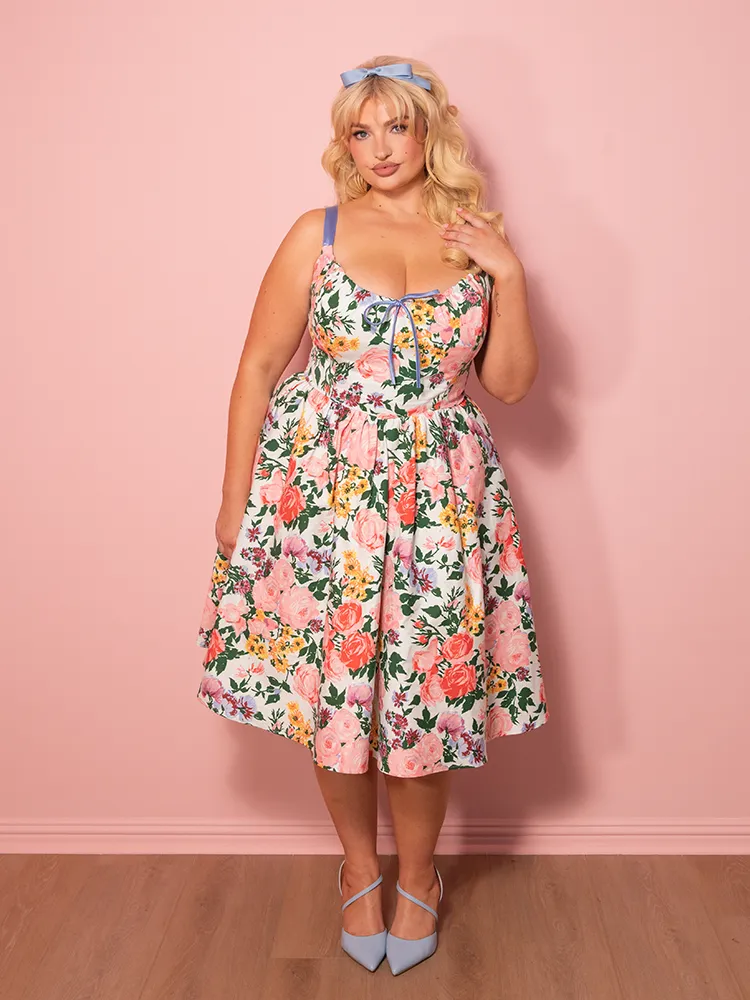 PRE-ORDER - Cottage Corset Dress in Vintage Garden Floral Print in White - Vixen by Micheline Pitt core air