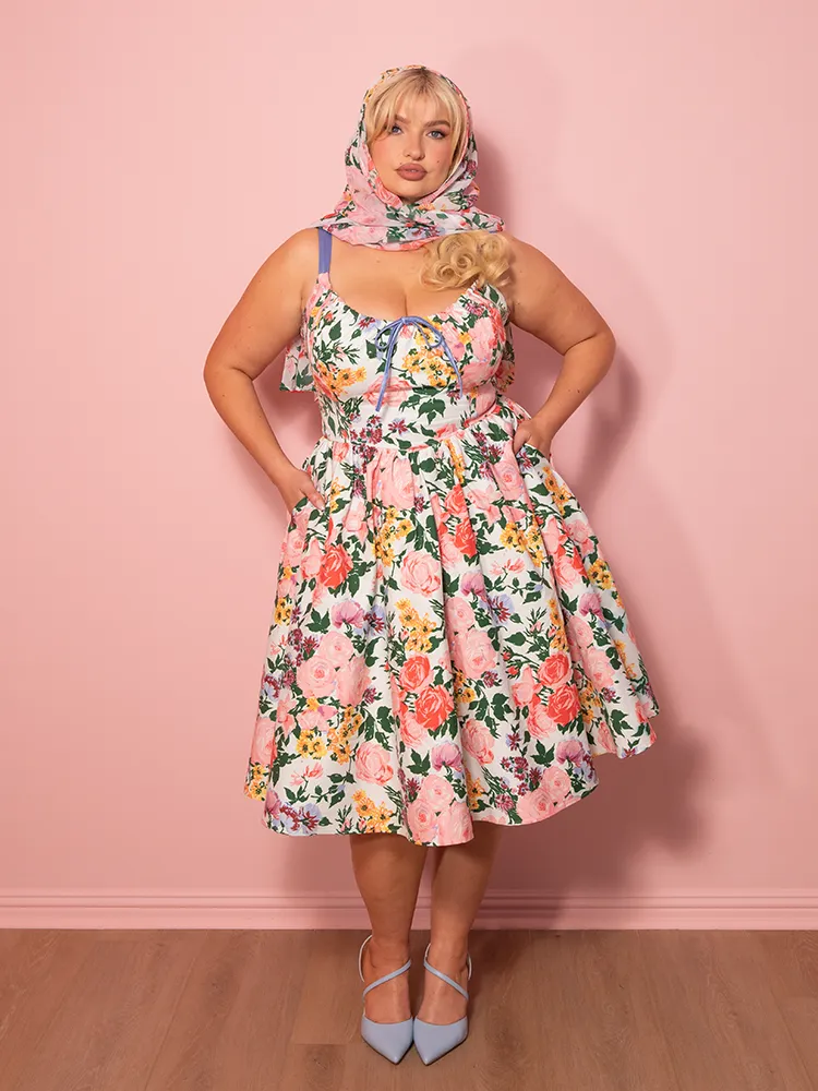 PRE-ORDER - Cottage Corset Dress in Vintage Garden Floral Print in White - Vixen by Micheline Pitt core air