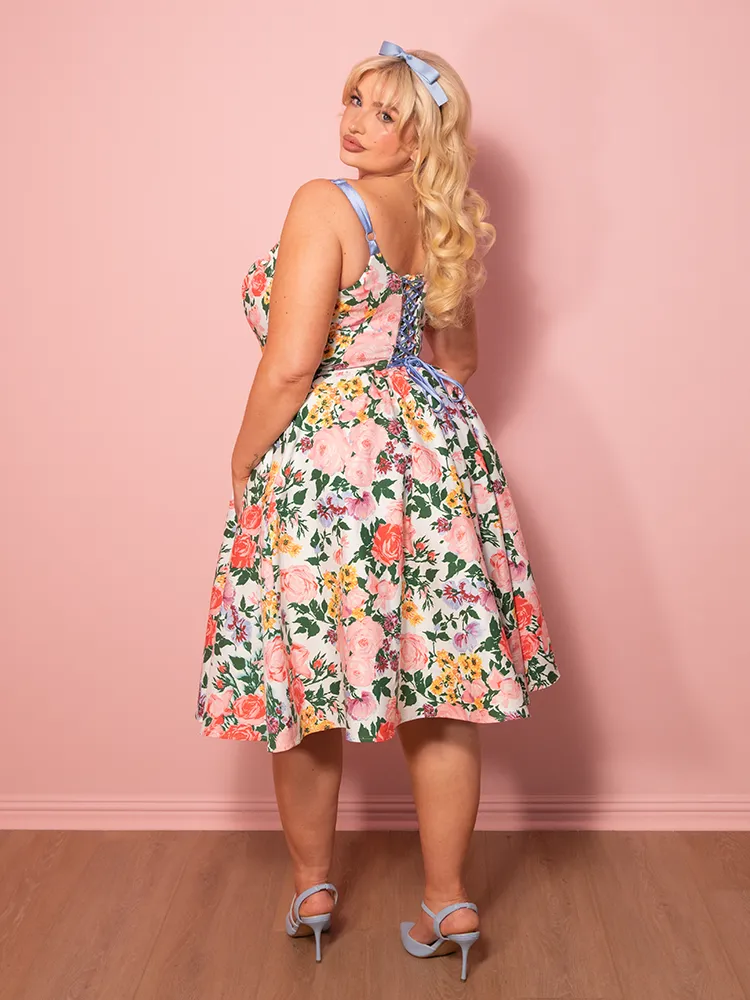 PRE-ORDER - Cottage Corset Dress in Vintage Garden Floral Print in White - Vixen by Micheline Pitt core air