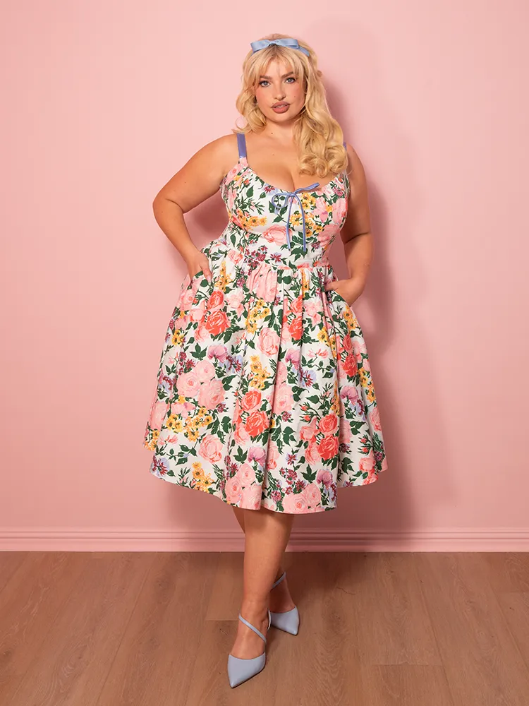 PRE-ORDER - Cottage Corset Dress in Vintage Garden Floral Print in White - Vixen by Micheline Pitt core air