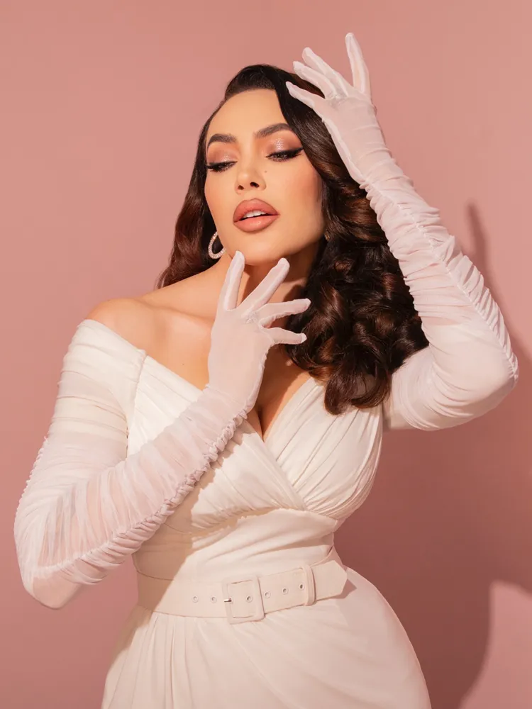 PRE-ORDER - Full-Length Shirred Opera Gloves in White garden glow