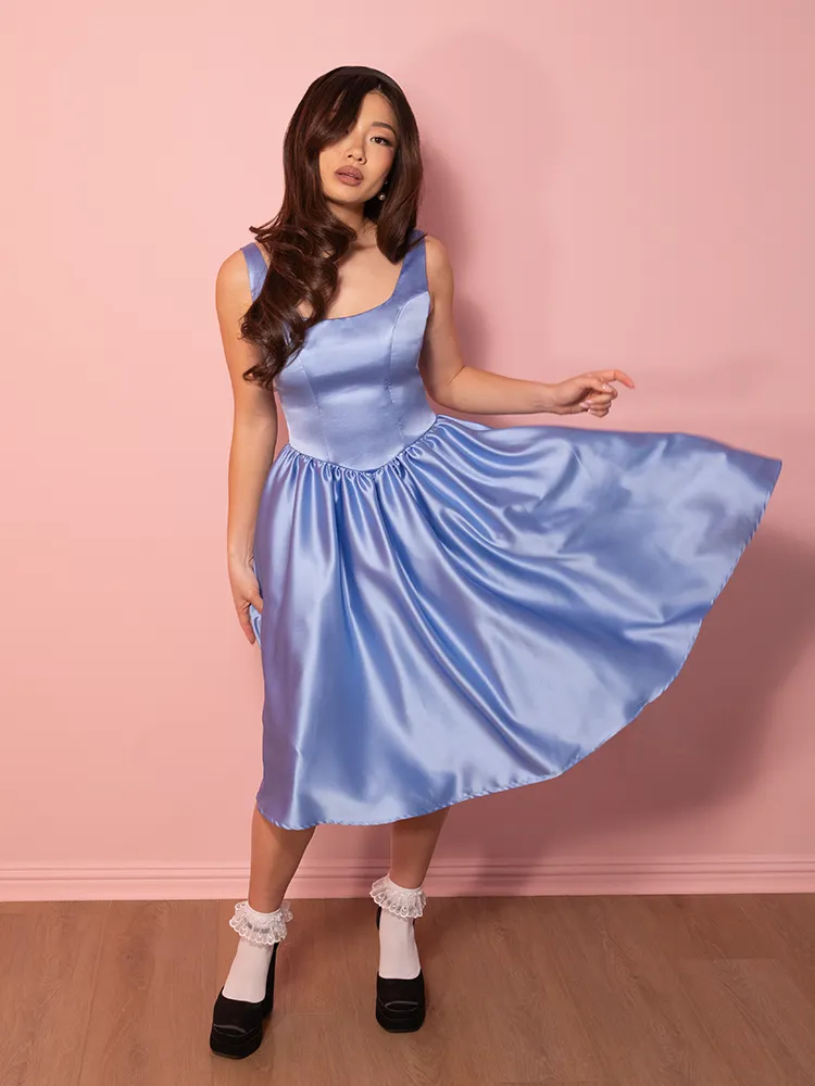 PRE-ORDER - Satin Coquette Dress in Blue - Vixen by Micheline Pitt lounge chill