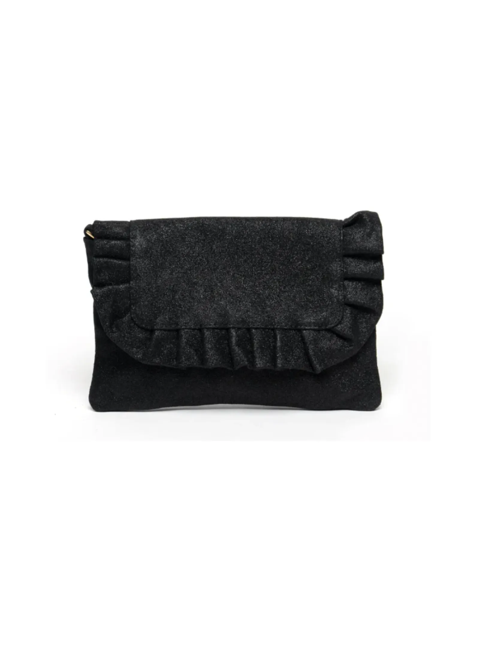 Riwana Ruffle Clutch, Black Suede satin glow