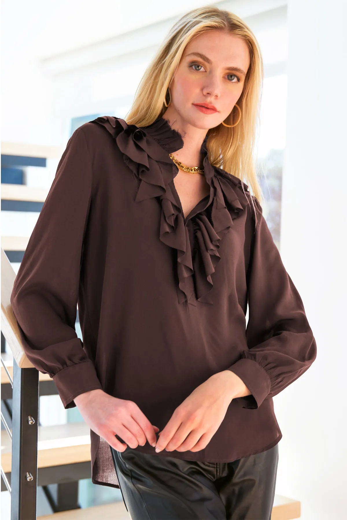 Rory Espresso Brown Viscose Voile Fray Neck Top loose shape