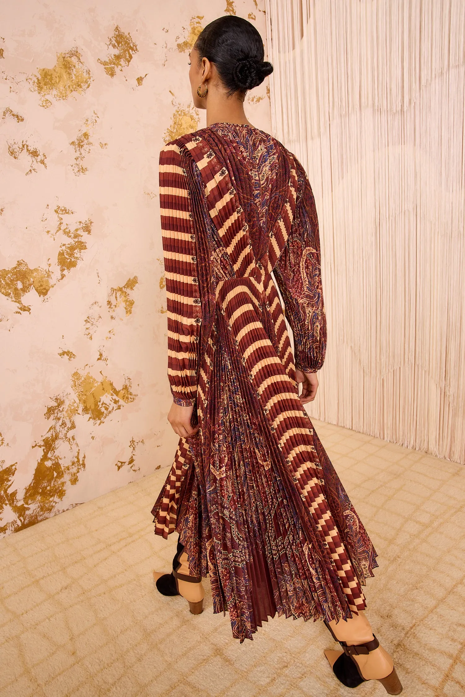 Sarai Pleated Long Sleeve Long Dress - Topaz family joy